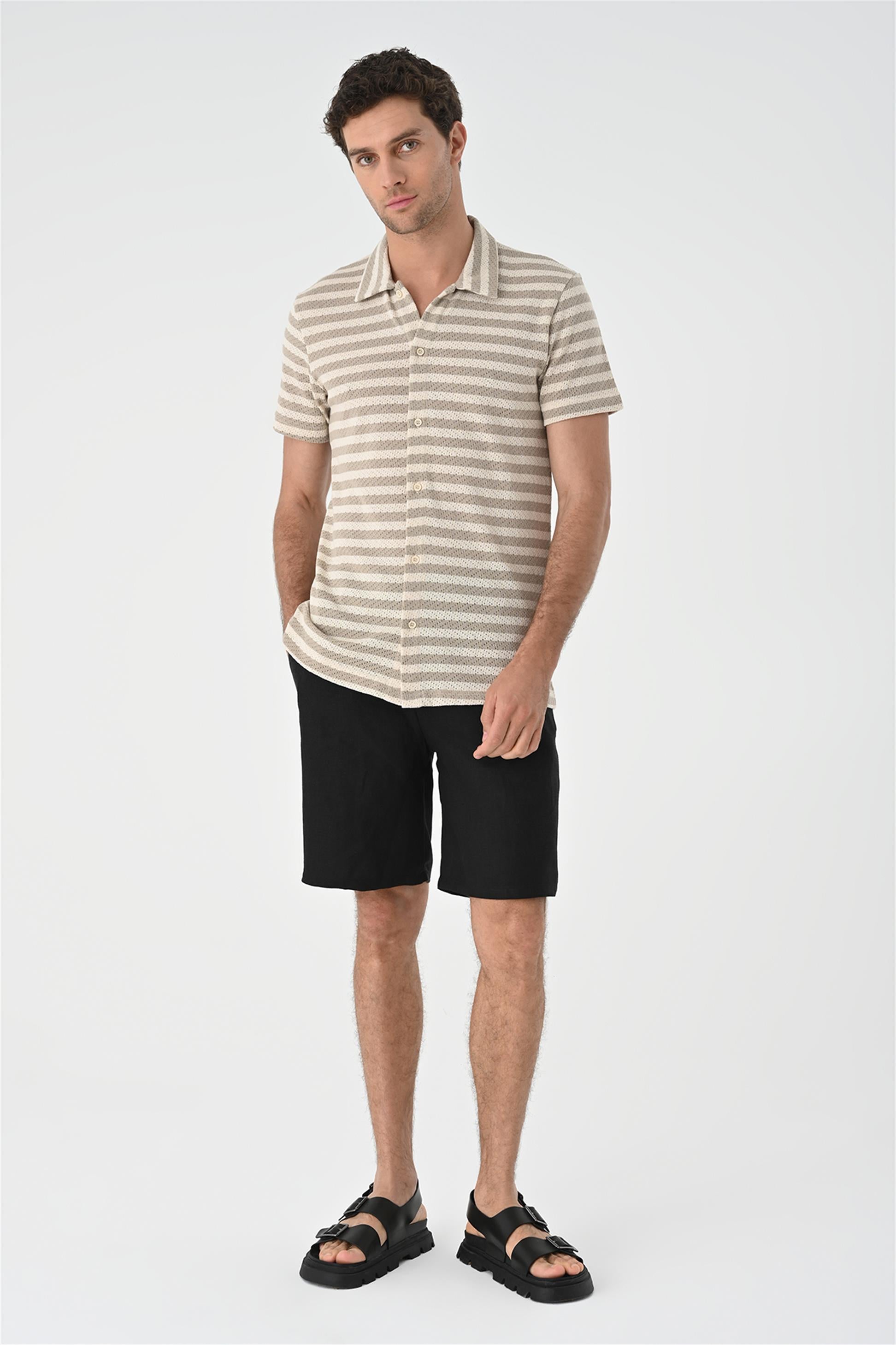 Antioch-Bej Kısa Kollu Çizgili Erkek Triko Gömlek-Gömlek-2-Milagron.com