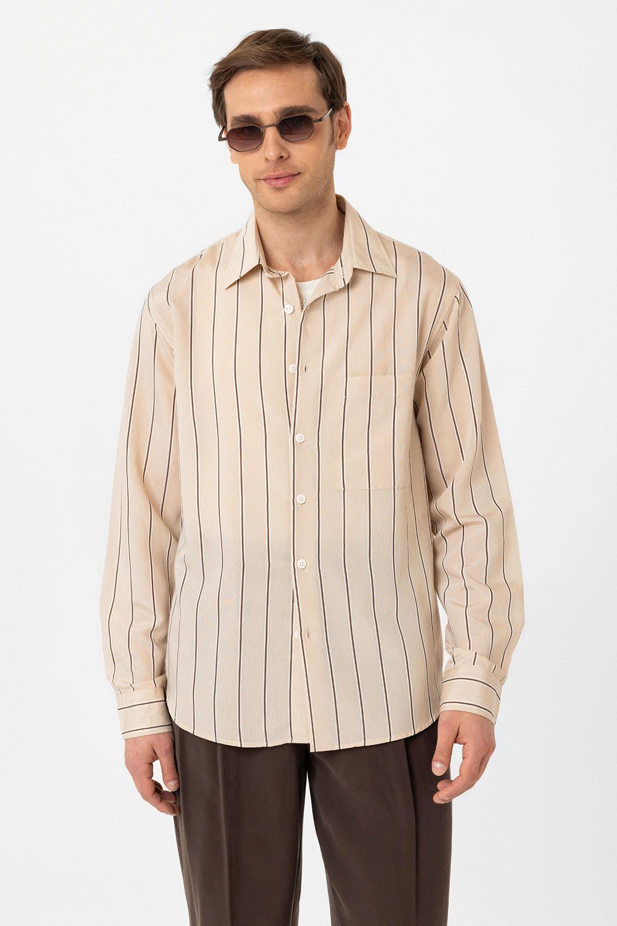 Antioch-Bej Kontrast çizgili Erkek Gömlek-Gömlek-2-Milagron.com