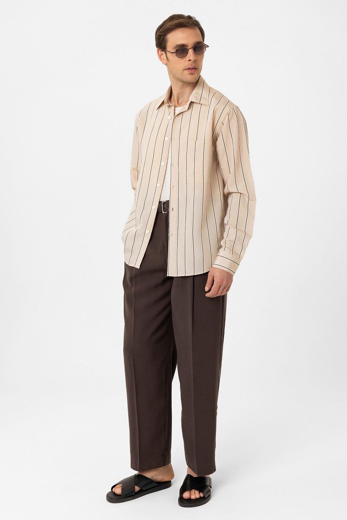 Antioch-Bej Kontrast çizgili Erkek Gömlek-Gömlek-4-Milagron.com
