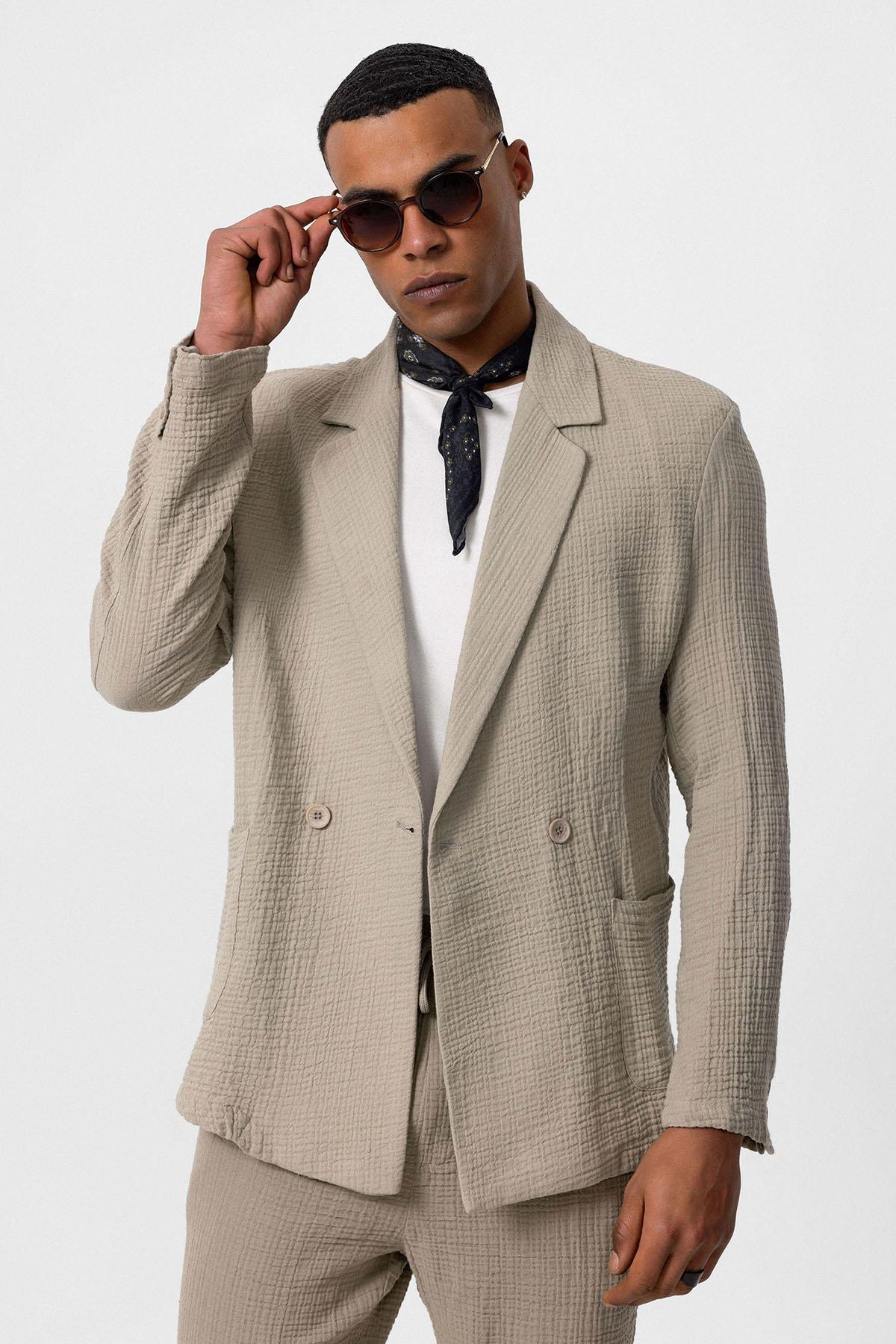 Antioch-Bej Kruvaze Kapama Astarsız Erkek Blazer Ceket-Ceket-5-Milagron.com