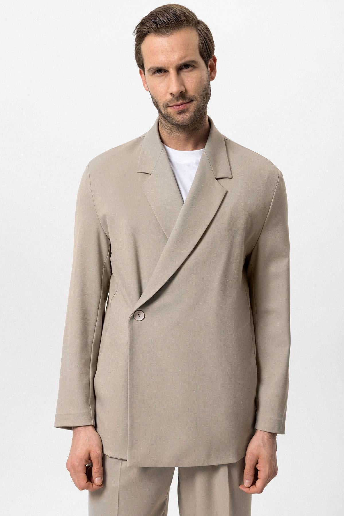 Antioch-Bej Kruvaze Kapama Gizli Cep Erkek Blazer Ceket-Ceket-2-Milagron.com