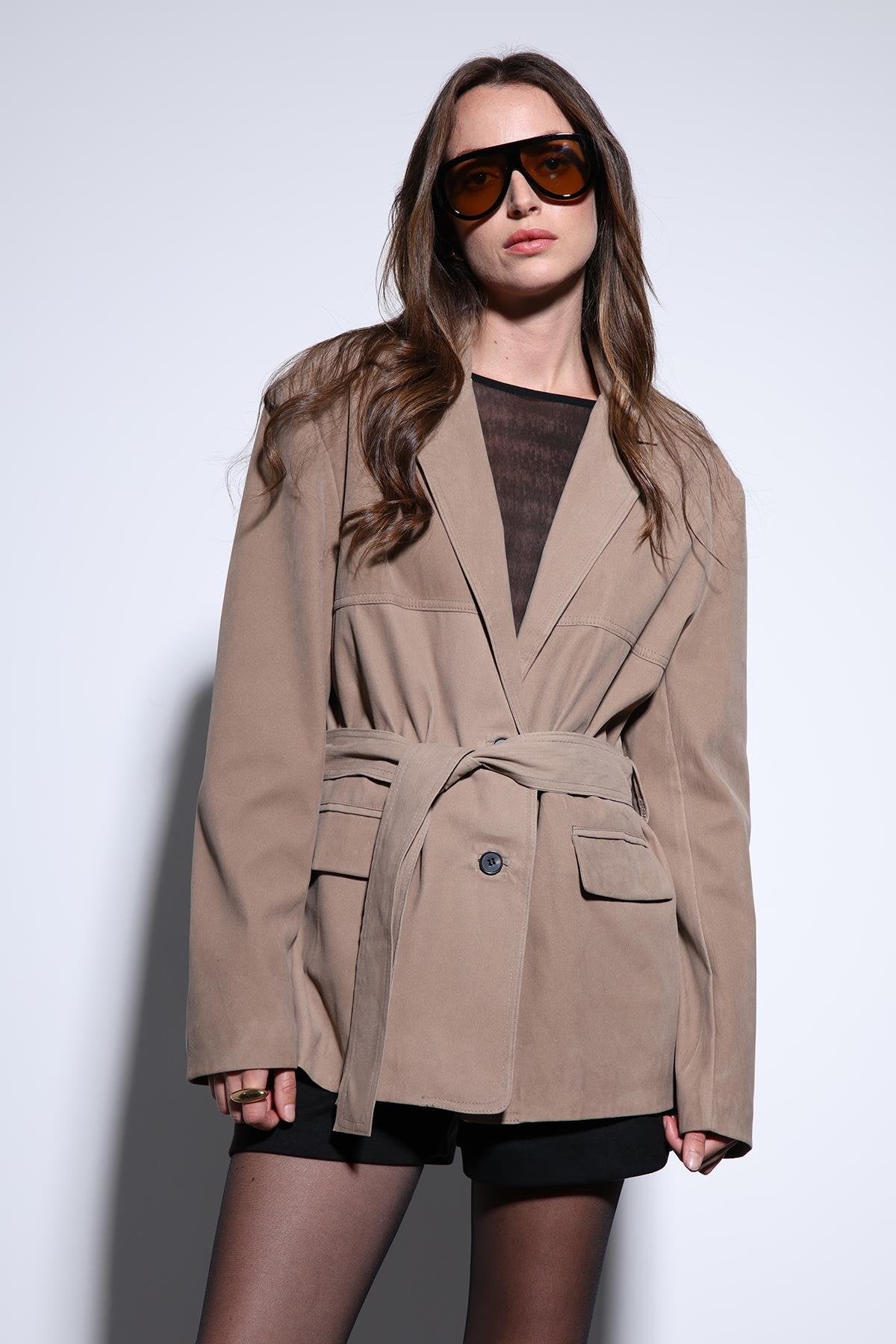 Antioch-Antioch Bej Kuşak Bağlamalı Süet Kadın Ceket-Ceket-4-Milagron.com