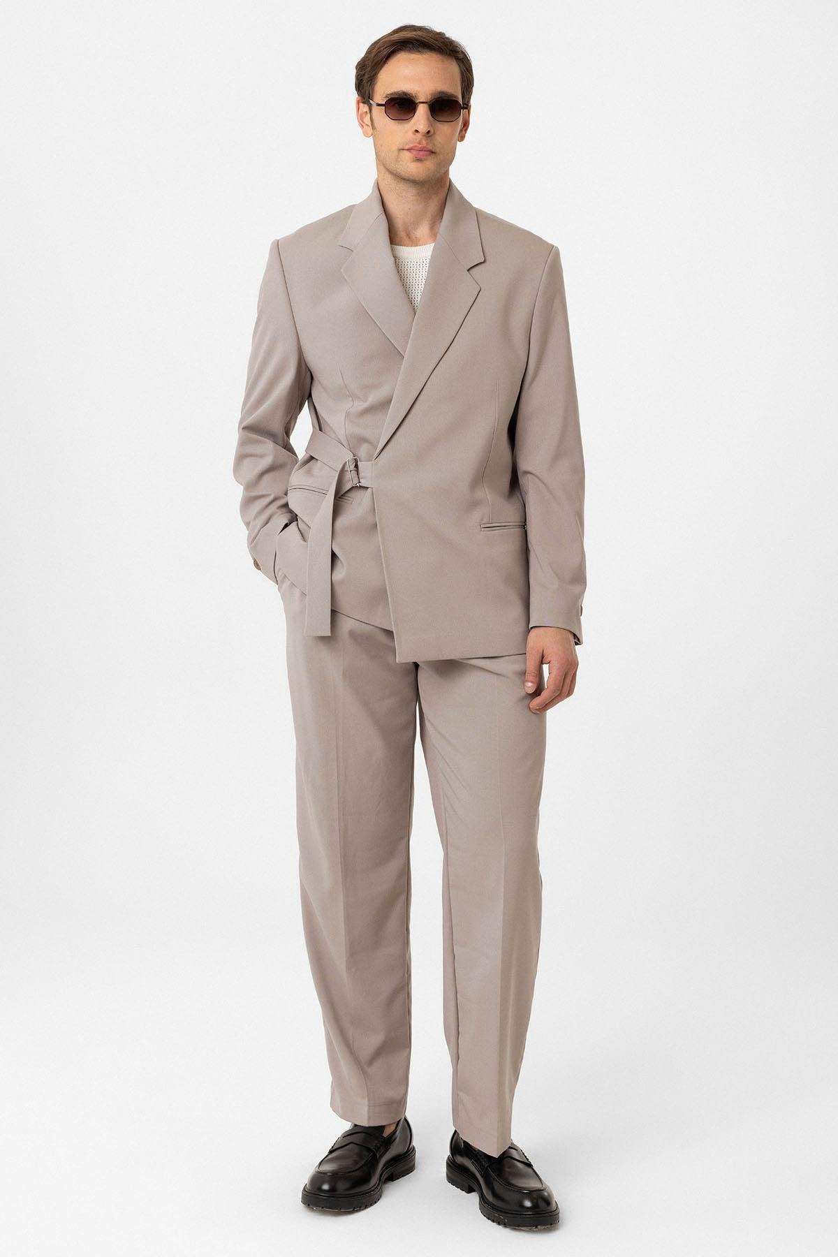 Antioch-Bej Kuşaklı Relax Fit Erkek Blazer Ceket-Blazer Ceket-3-Milagron.com