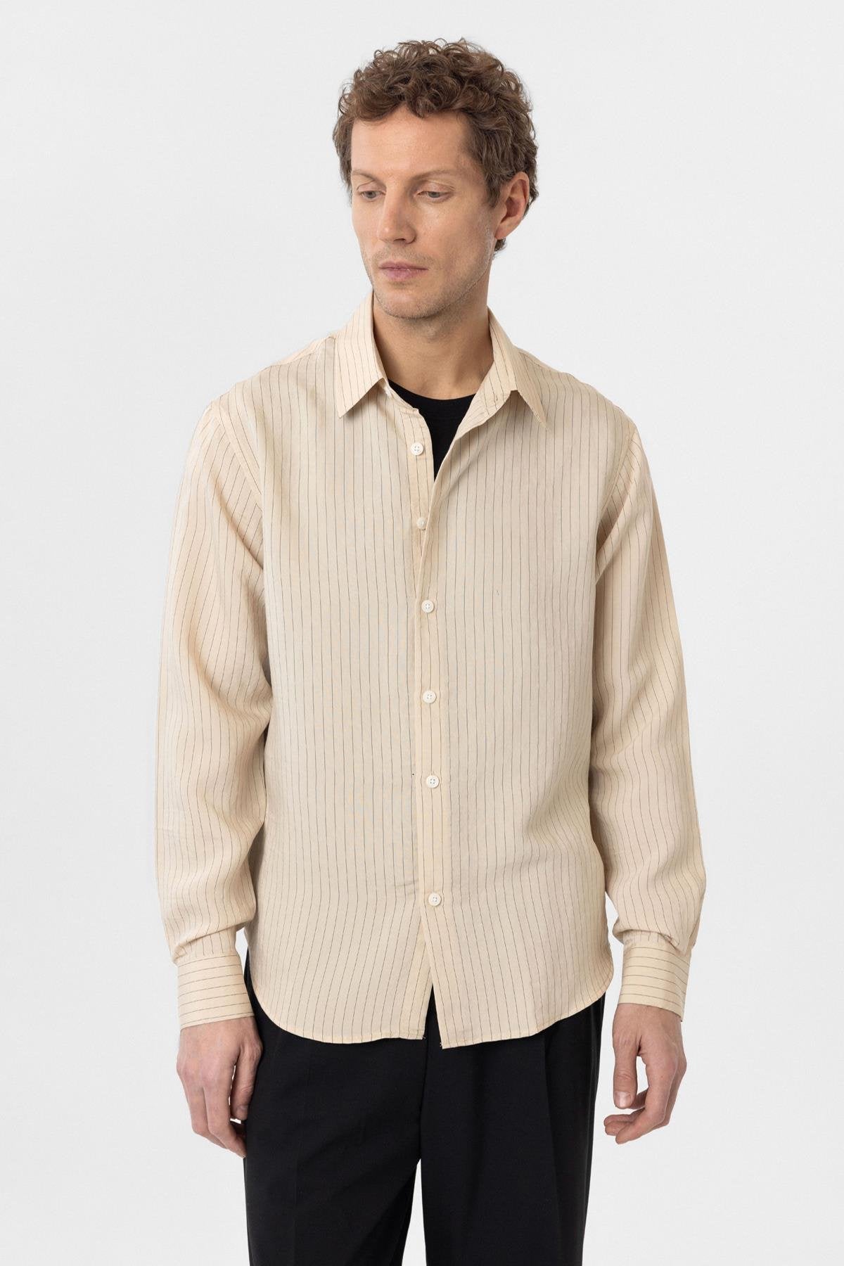 Antioch-Bej Modal Kumaş Relax Fit Çizgili Erkek Gömlek-Gömlek-1-Milagron.com