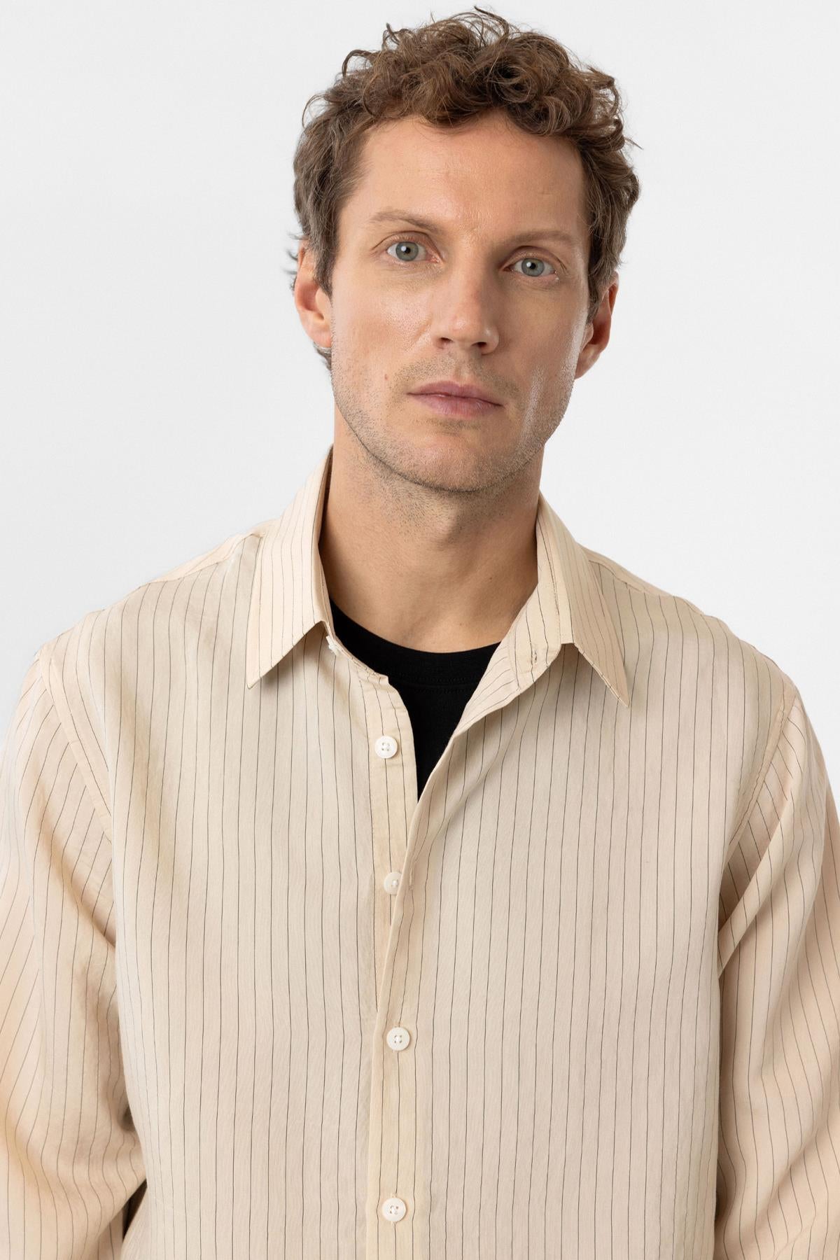 Antioch-Bej Modal Kumaş Relax Fit Çizgili Erkek Gömlek-Gömlek-3-Milagron.com