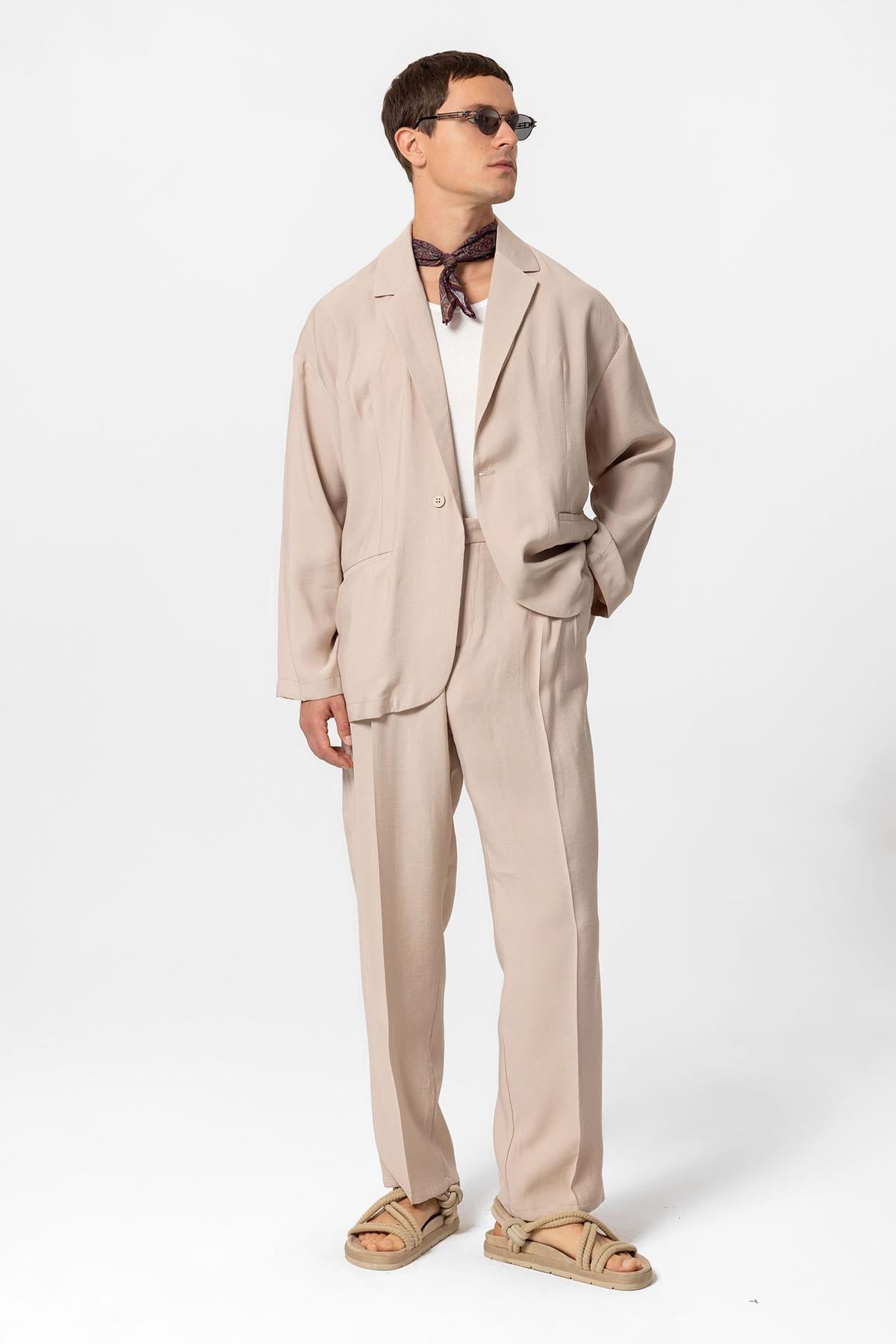 Antioch-Bej Oversize Astarsız Erkek Blazer Ceket-Ceket-5-Milagron.com