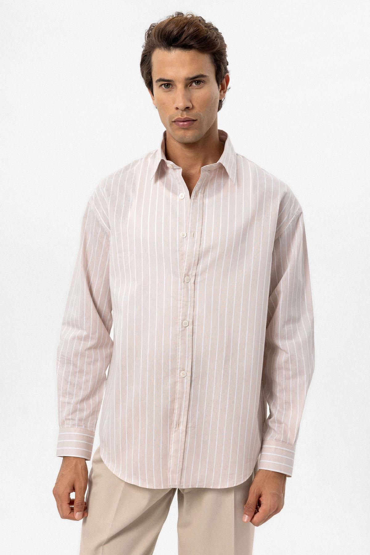 Antioch-Bej Oversize Çizgili Erkek Gömlek-Gömlek-1-Milagron.com