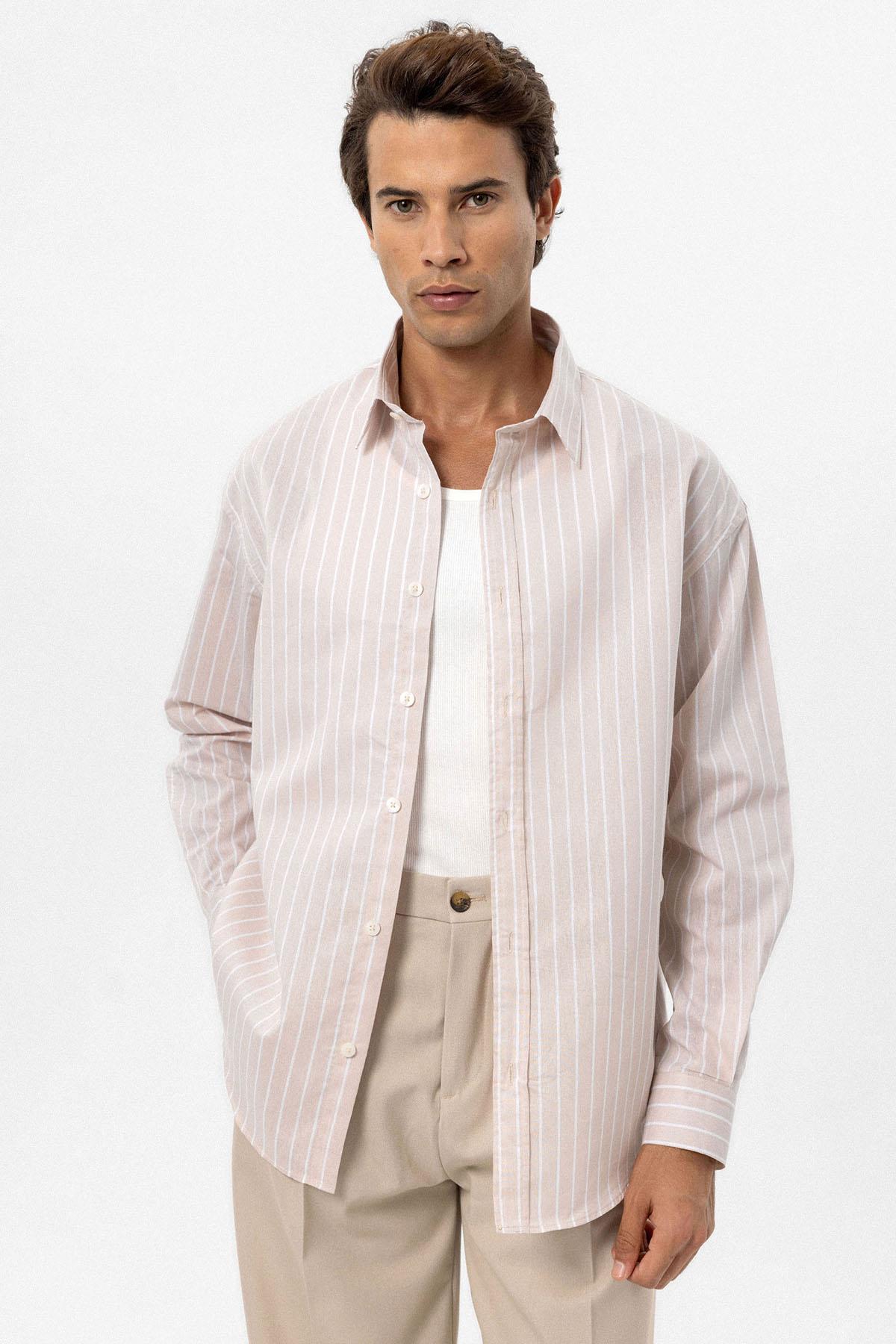 Antioch-Bej Oversize Çizgili Erkek Gömlek-Gömlek-3-Milagron.com