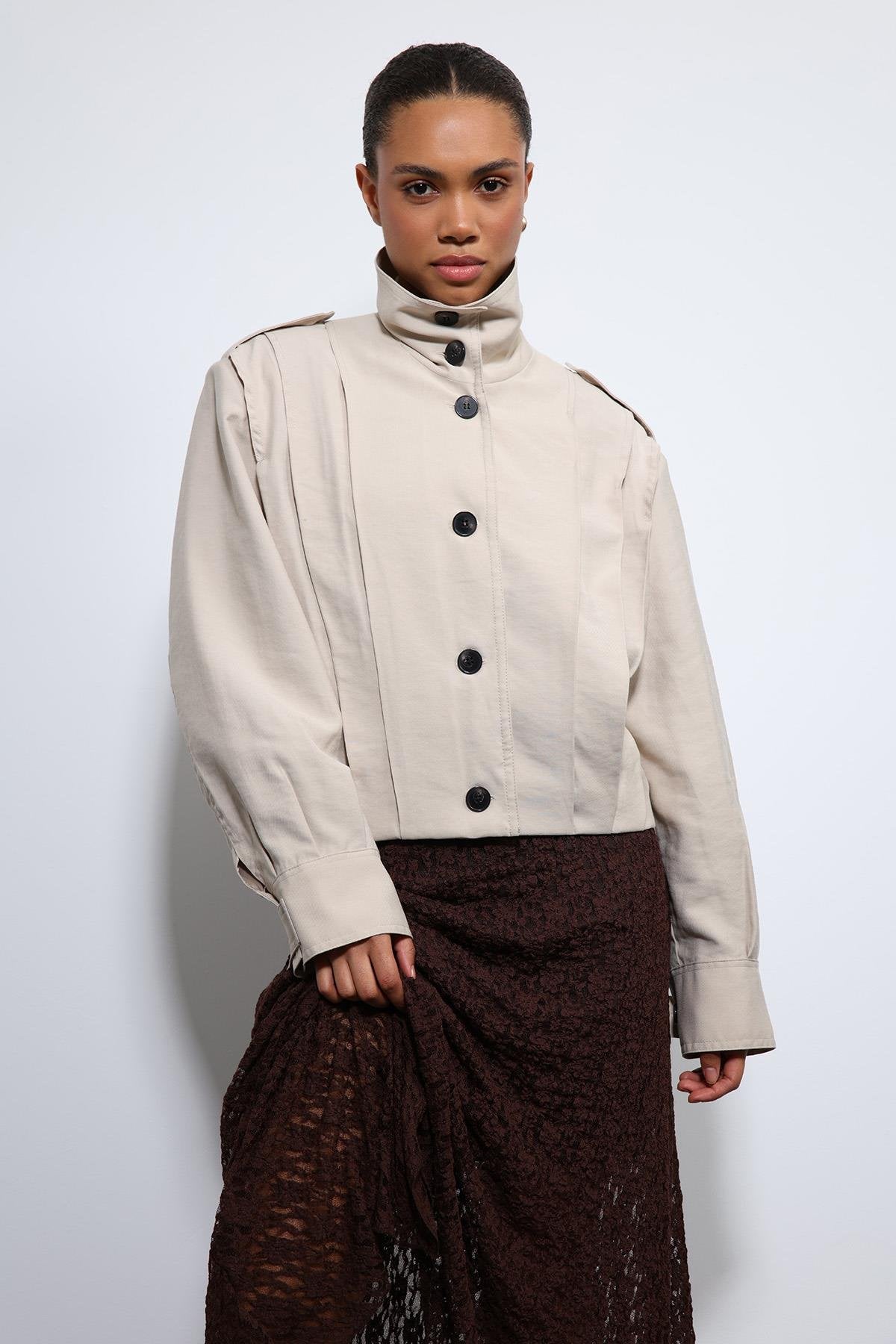 Antioch-Bej Pile Detaylı Dik Yaka Mont-Mont-3-Milagron.com