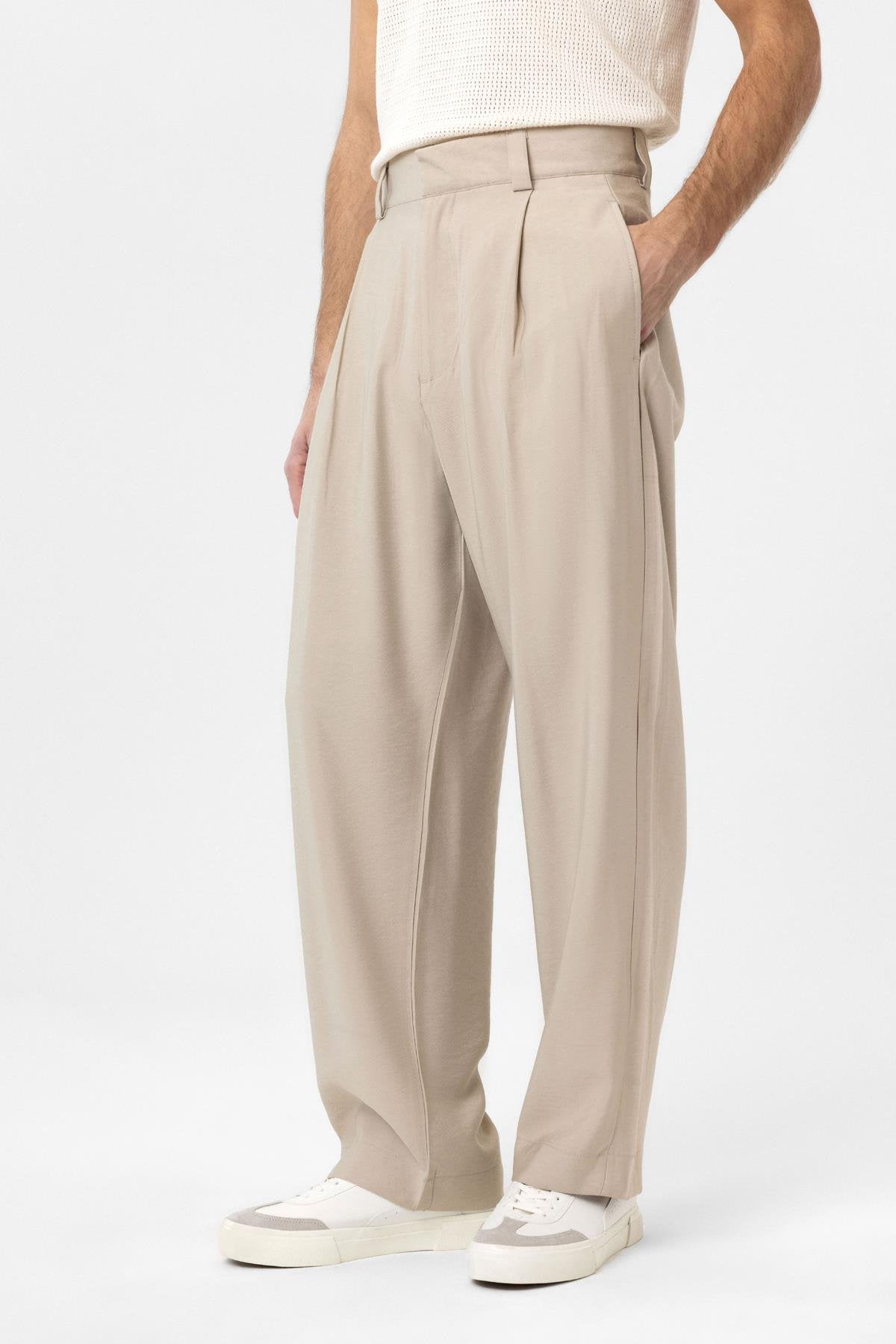 Antioch-Bej Pileli Baggy Fit Erkek Pantolon-Kumaş Pantolon-3-Milagron.com