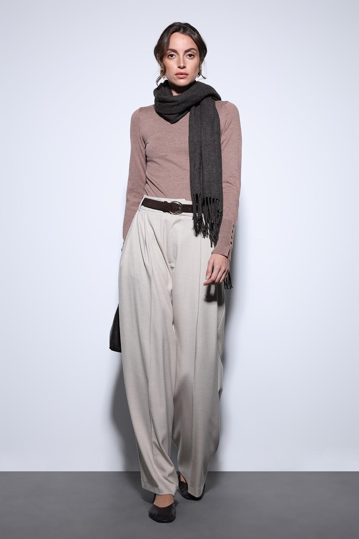 Antioch-Bej Pileli Palazzo Kadın Pantolon-Kumaş Pantolon-1-Milagron.com