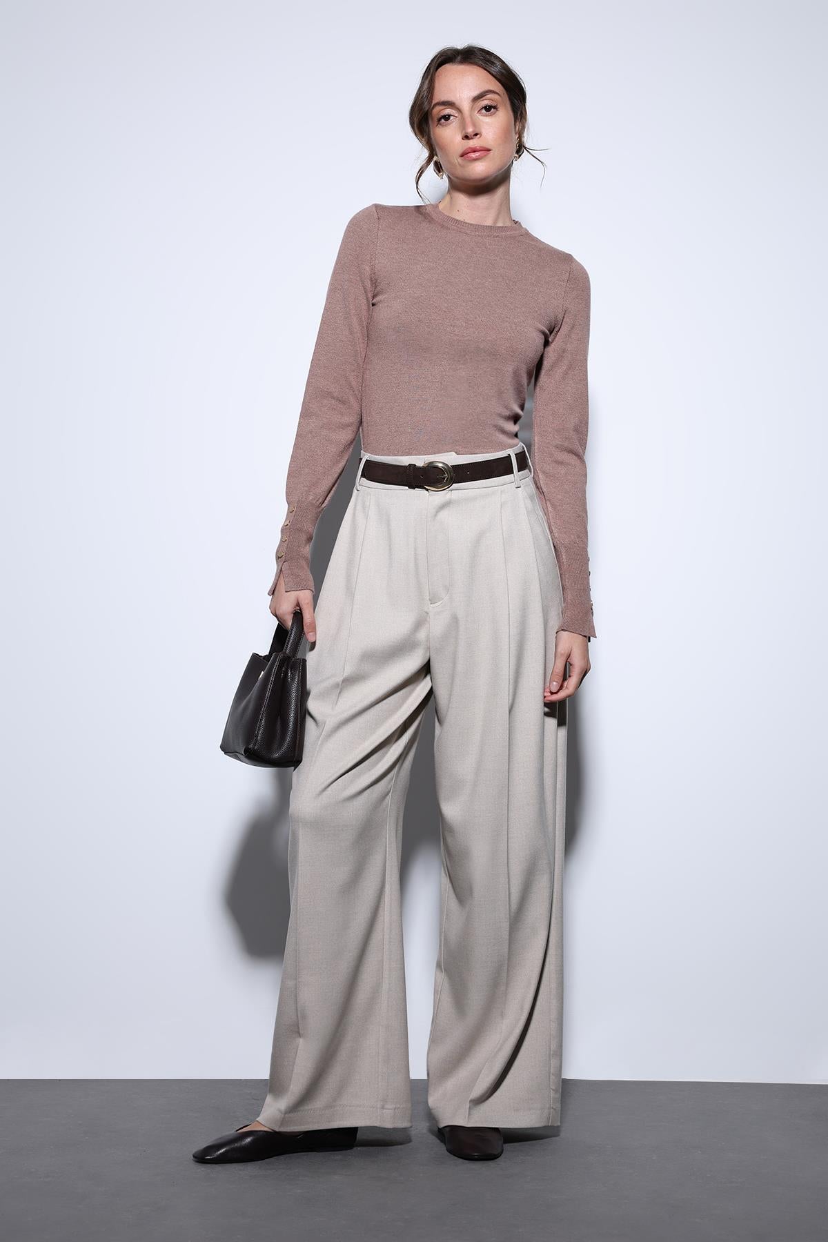 Antioch-Bej Pileli Palazzo Kadın Pantolon-Kumaş Pantolon-2-Milagron.com