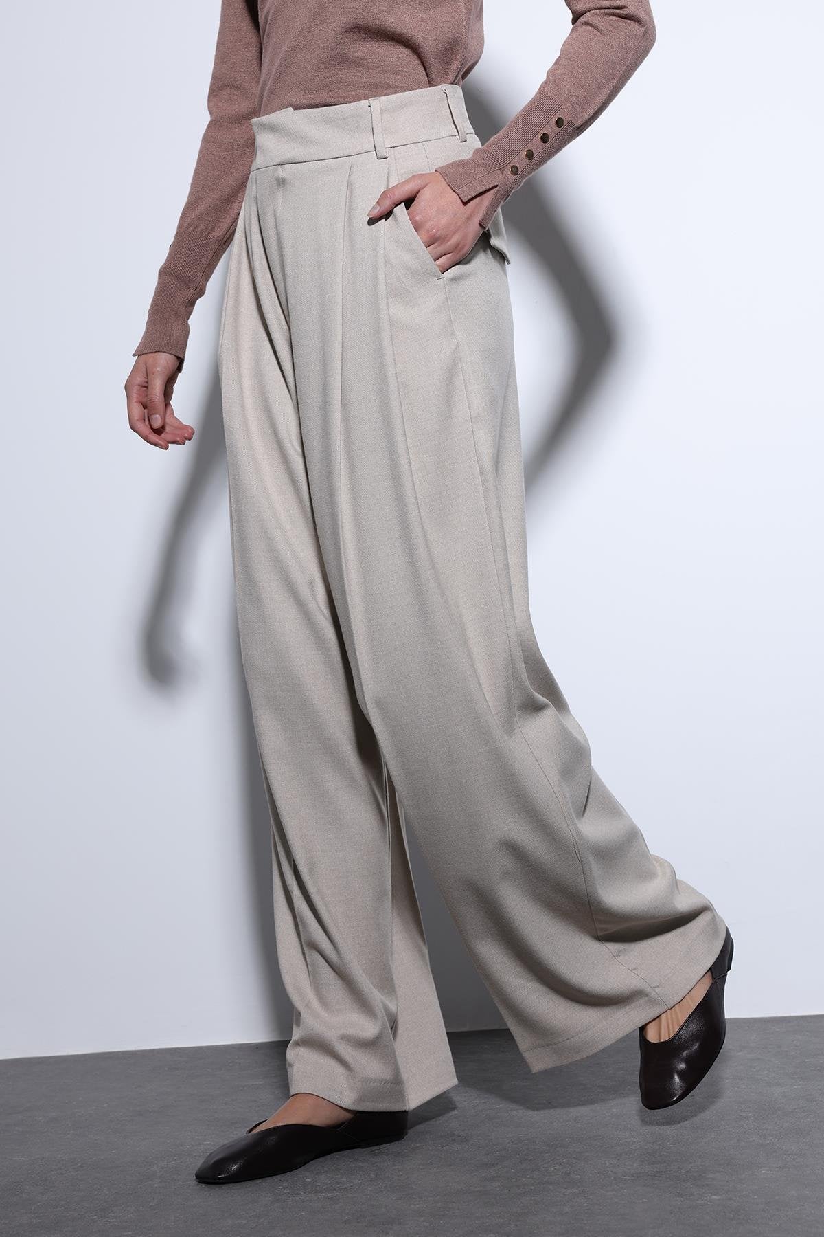 Antioch-Bej Pileli Palazzo Kadın Pantolon-Kumaş Pantolon-4-Milagron.com