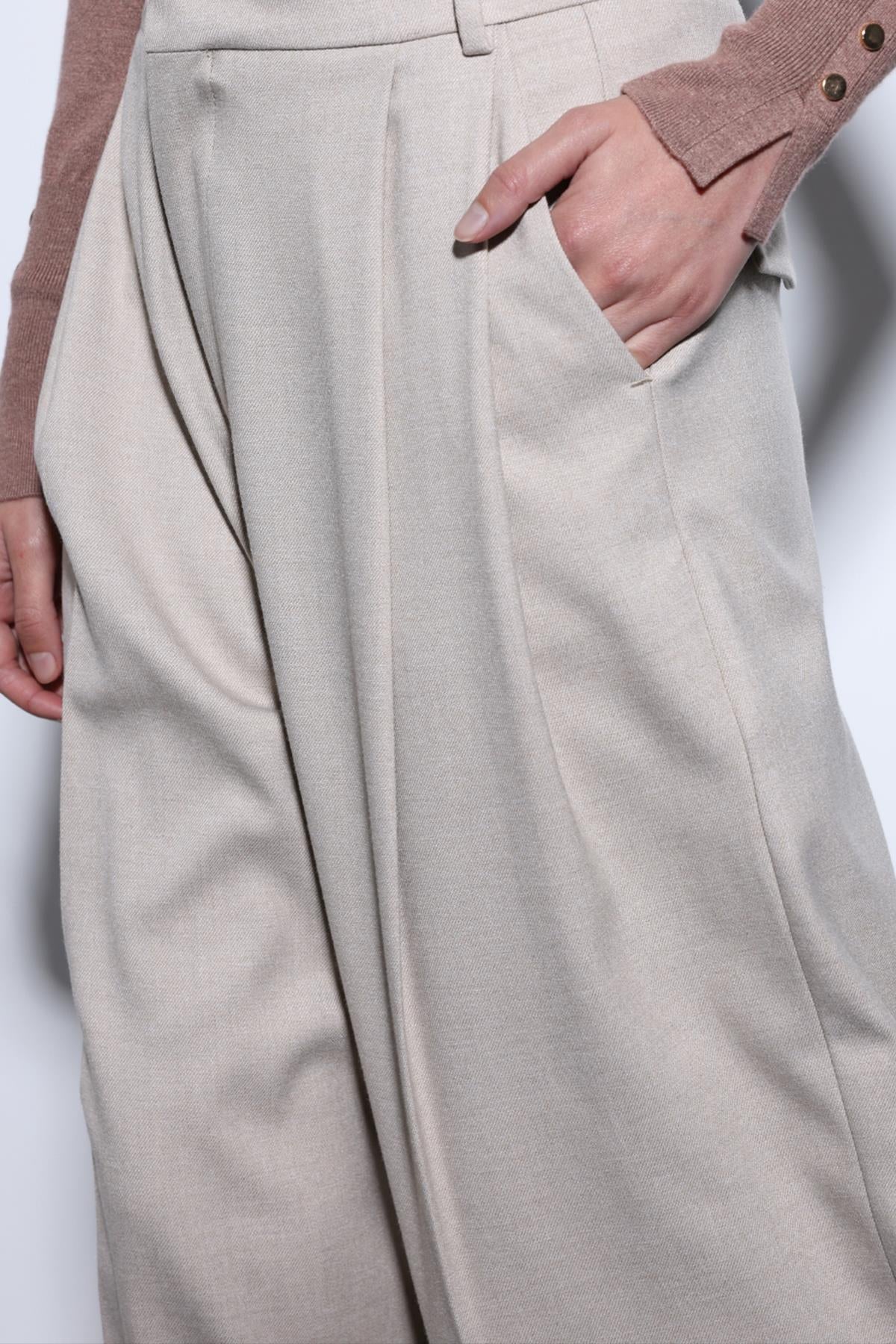 Antioch-Bej Pileli Palazzo Kadın Pantolon-Kumaş Pantolon-5-Milagron.com