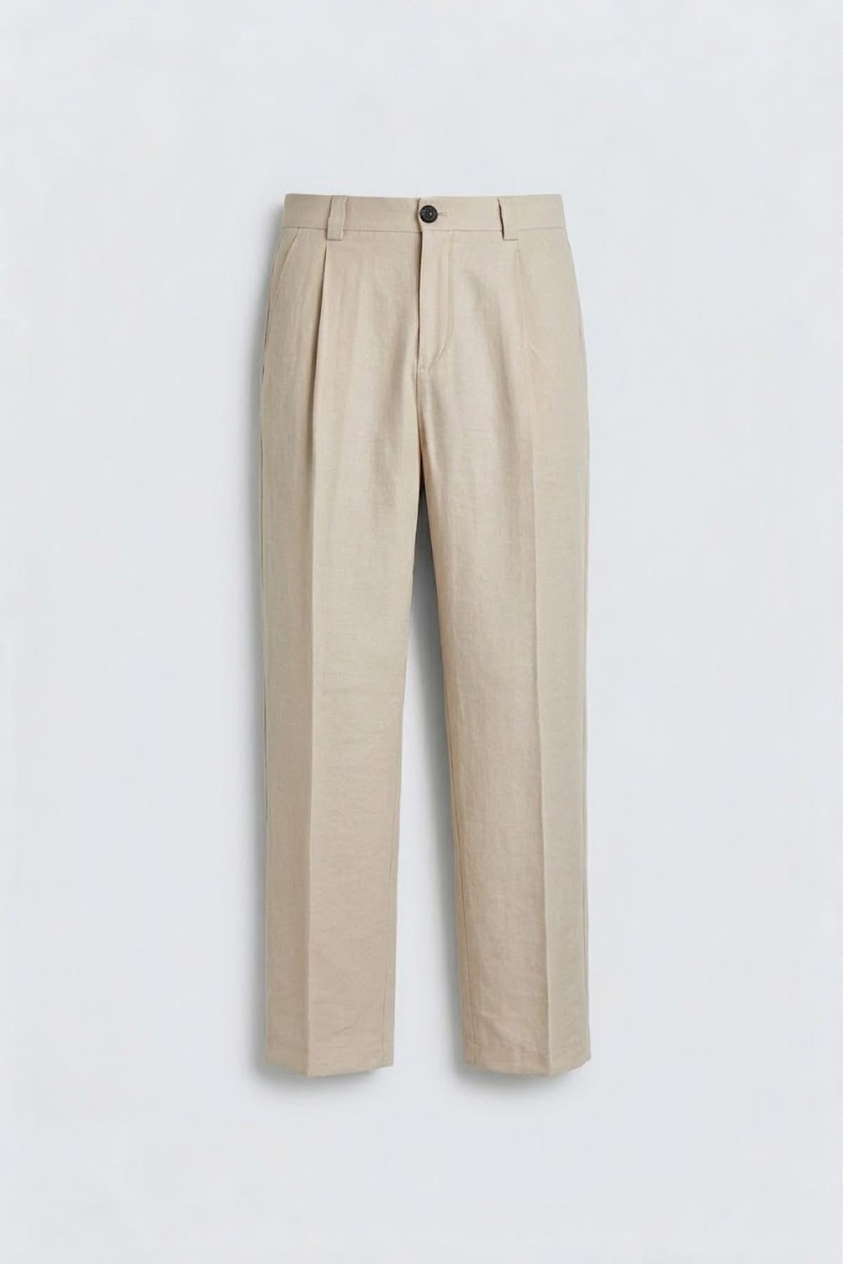 Antioch Bej Pileli Relaxed Fit Erkek Pantolon