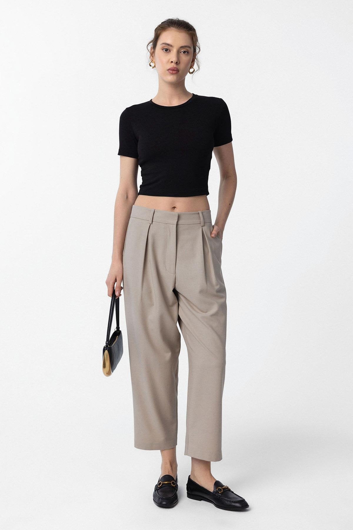 Antioch-Bej Pilili Soft Bilek Boyu Kadın Pantolon-Kumaş Pantolon-2-Milagron.com