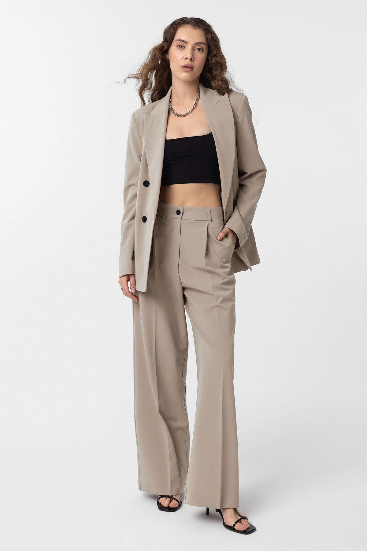 Antioch-Bej Regular Fit Kruvaze Kadın Blazer Ceket-Blazer Ceket-2-Milagron.com