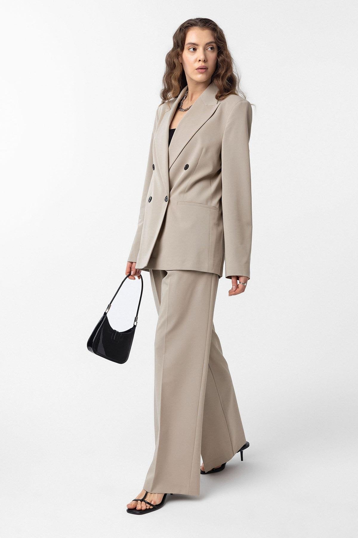 Antioch-Bej Regular Fit Kruvaze Kadın Blazer Ceket-Blazer Ceket-3-Milagron.com