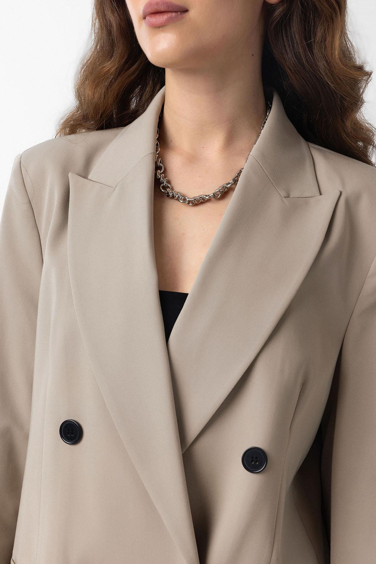 Antioch-Bej Regular Fit Kruvaze Kadın Blazer Ceket-Blazer Ceket-4-Milagron.com