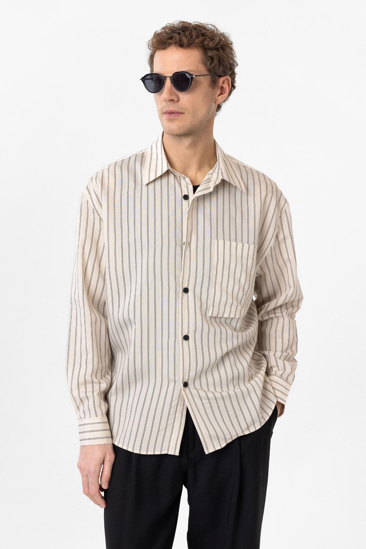 Antioch-Bej Relax Fit Çizgili Erkek Gömlek-Gömlek-1-Milagron.com