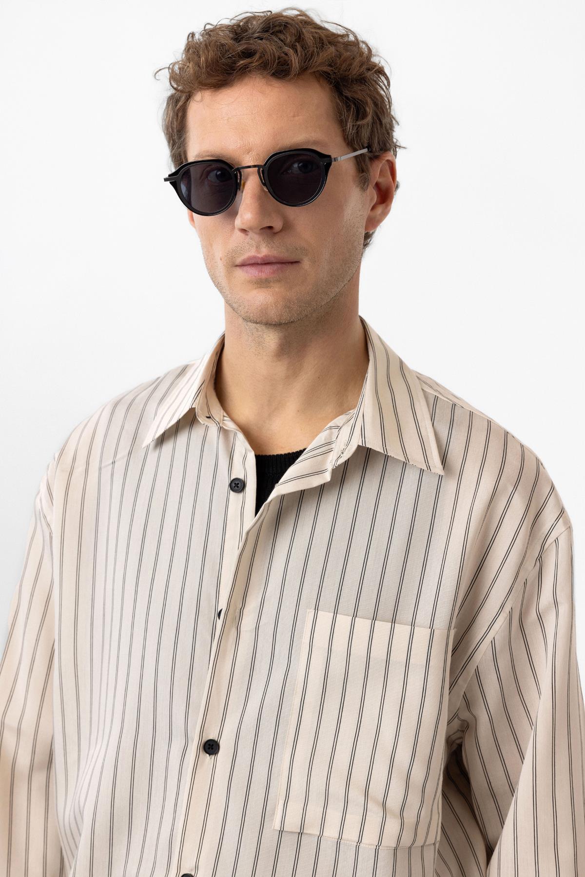Antioch-Bej Relax Fit Çizgili Erkek Gömlek-Gömlek-4-Milagron.com