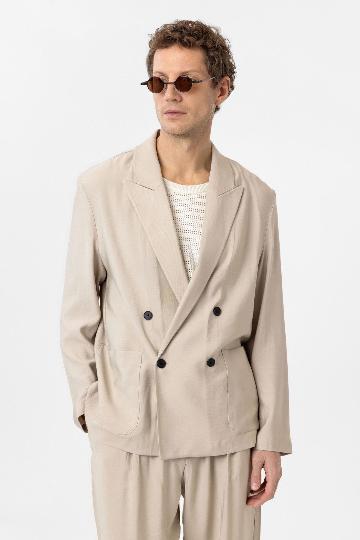 Antioch-Bej Relax Fit Diagonel İnce Erkek Blazer Ceket-Blazer Ceket-1-Milagron.com