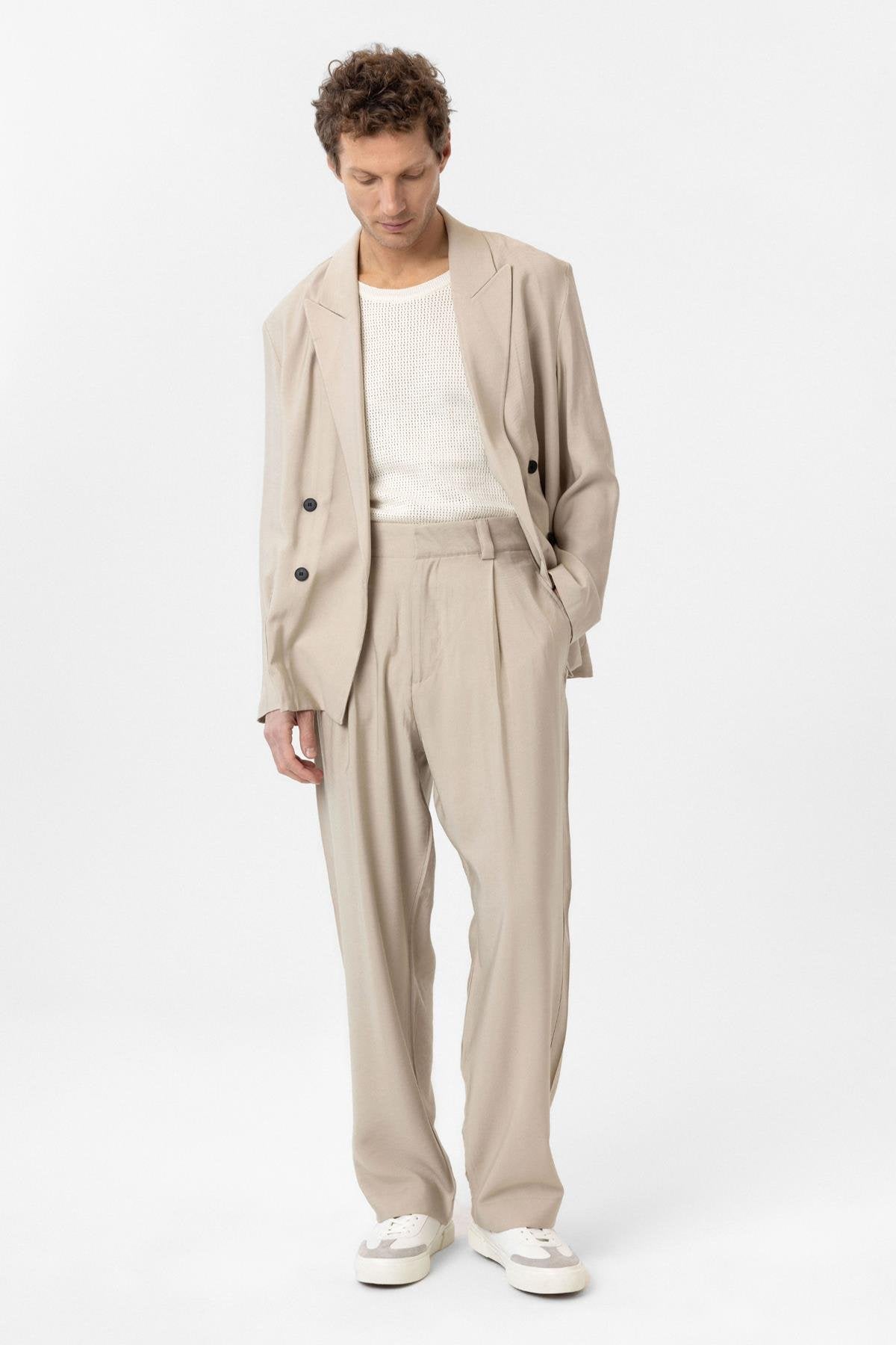 Antioch-Bej Relax Fit Diagonel İnce Erkek Blazer Ceket-Blazer Ceket-3-Milagron.com