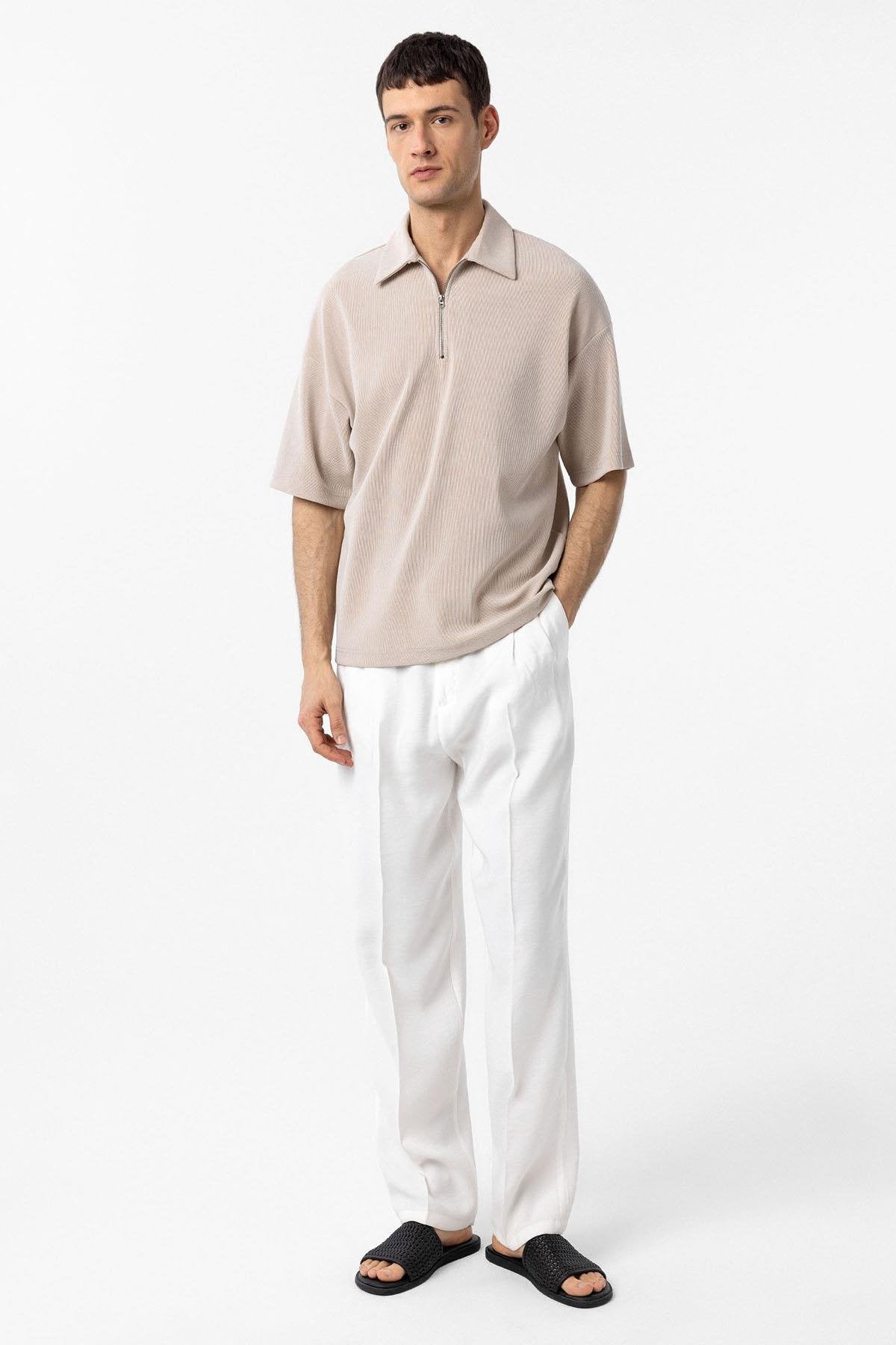 Antioch-Bej Relax Fit Fermuarlı Polo Yaka Erkek T Shirt-T-Shirts-3-Milagron.com