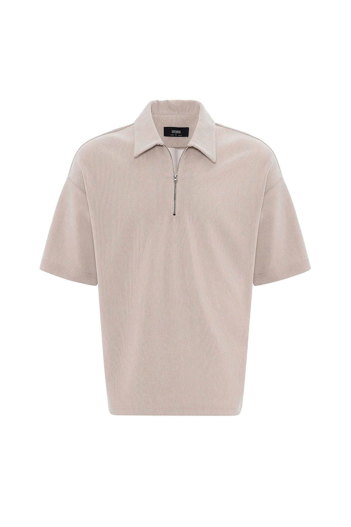 Antioch-Bej Relax Fit Fermuarlı Polo Yaka Erkek T Shirt-T-Shirts-6-Milagron.com
