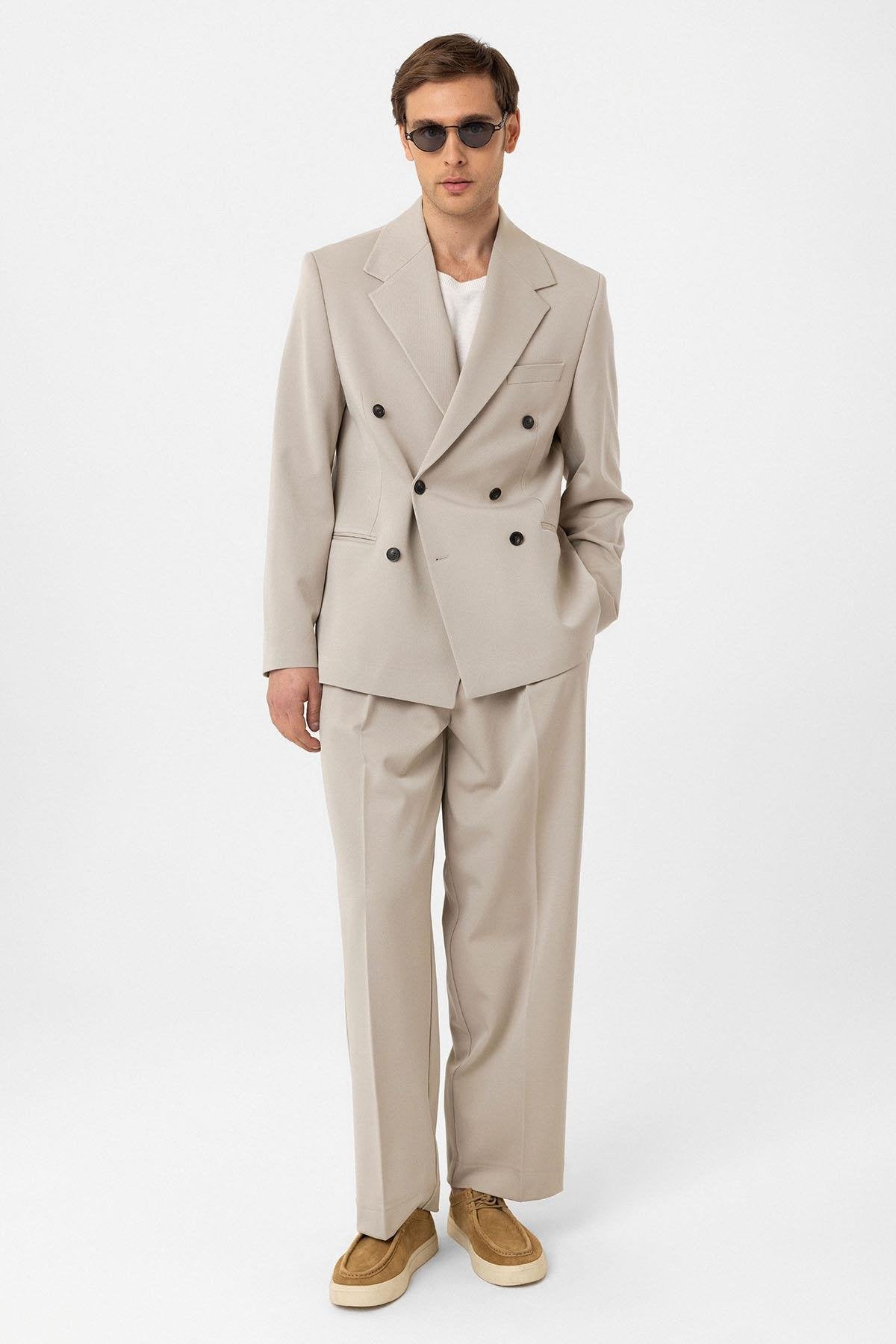 Antioch-Bej Relax Fit Kruvaze Erkek Blazer Ceket-Blazer Ceket-3-Milagron.com