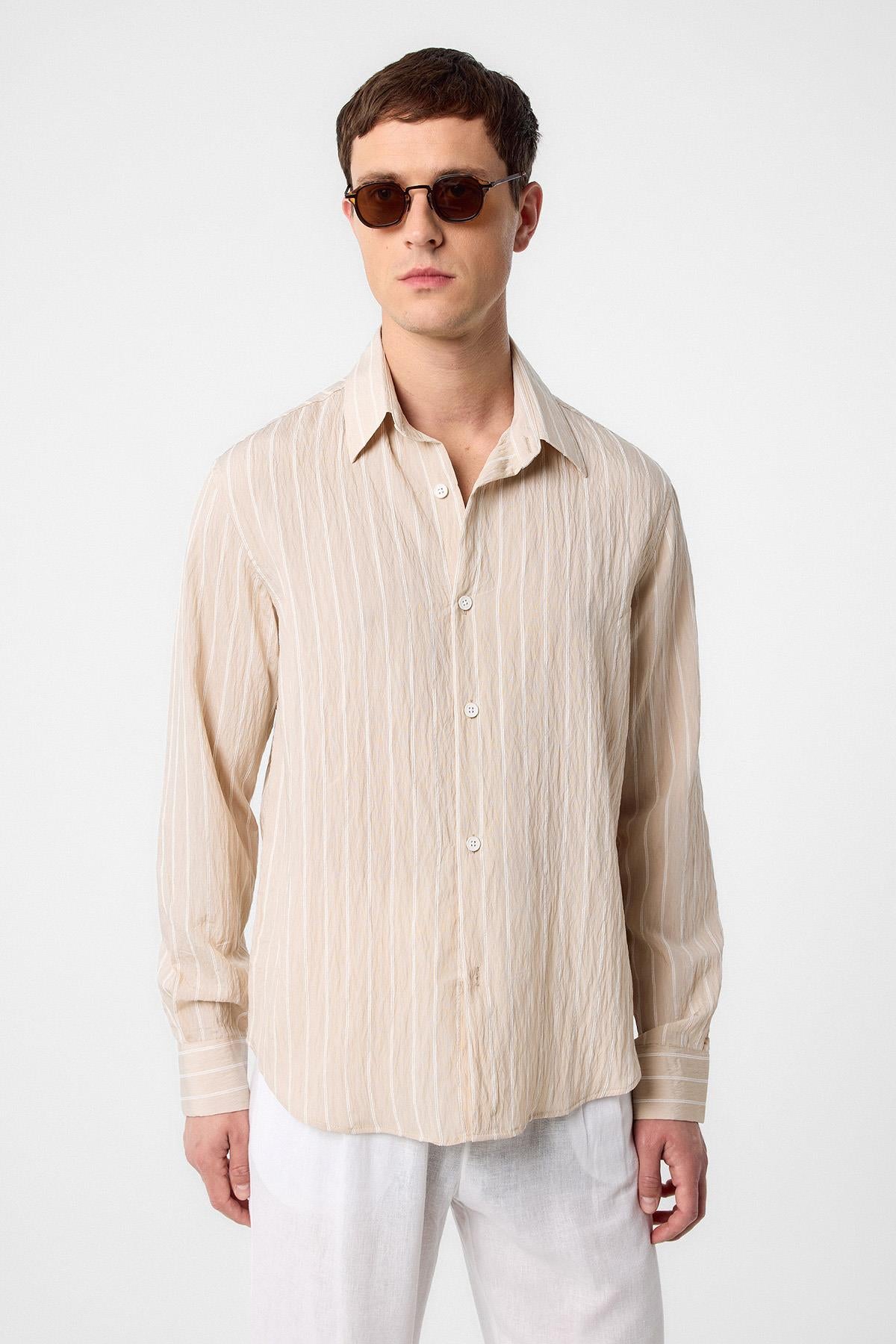 Antioch-Bej Relax Fit çizgili Erkek Gömlek-Gömlek-1-Milagron.com