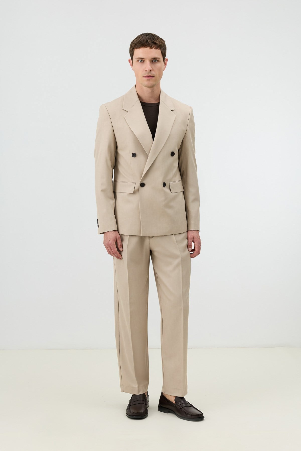 Antioch Bej Relaxed Kruvaze Erkek Blazer Ceket