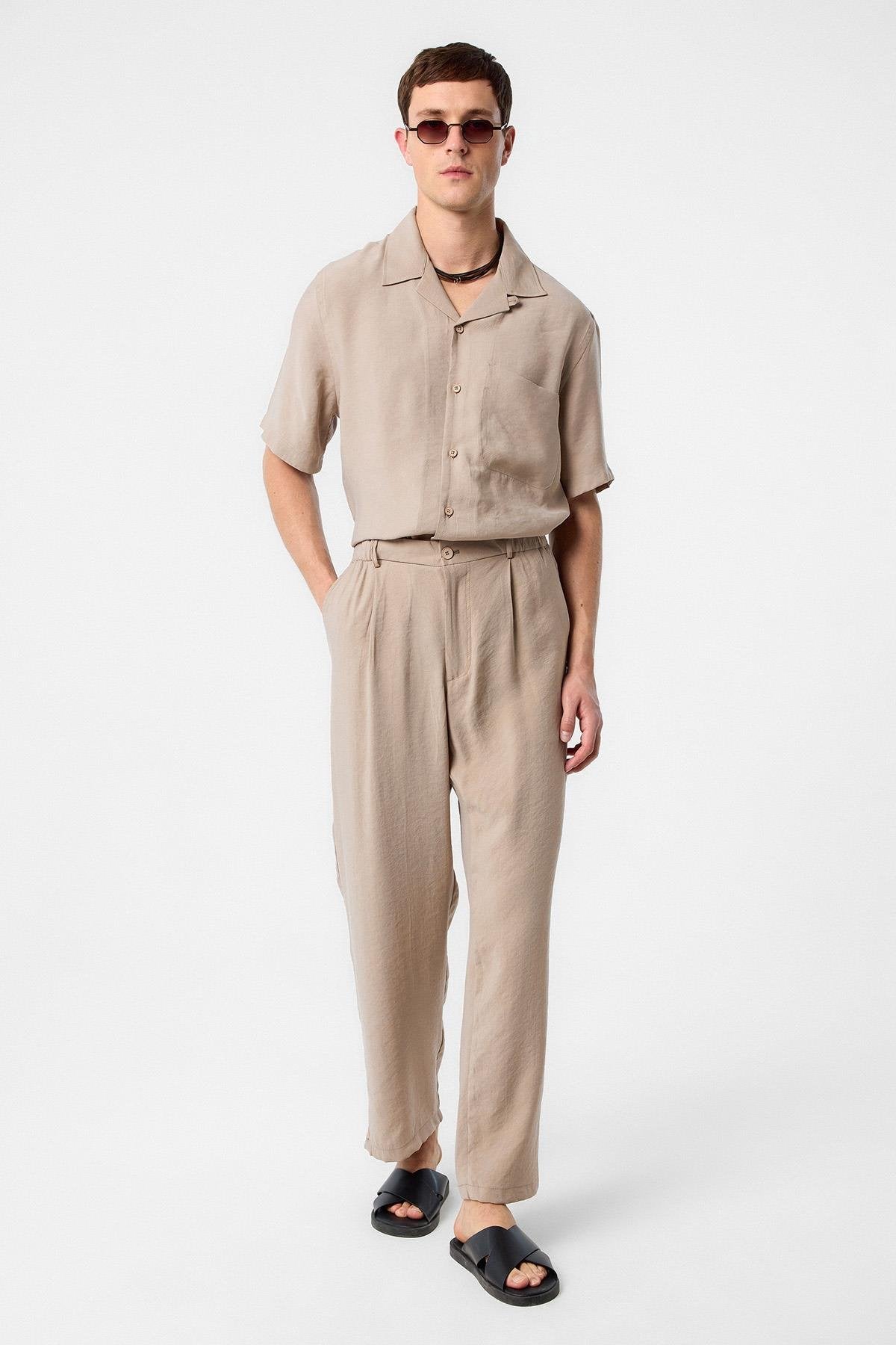 Antioch-Antioch Bej Relaxed Modal Kumaş Yüksek Bel Erkek Pantolon-Kumaş Pantolon-1-Milagron.com