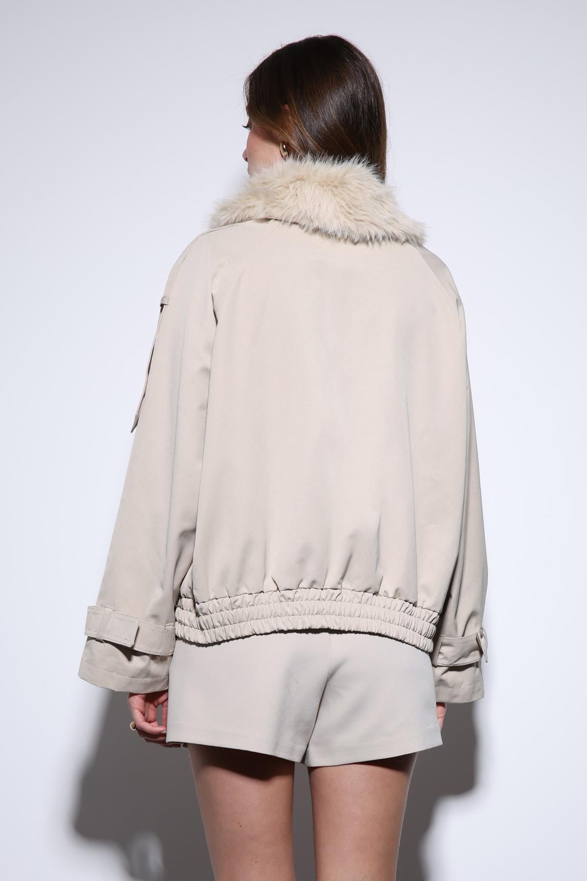 Antioch-Bej Suni Kürklü Kısa Kadın Trençkot-Trençkot-7-Milagron.com