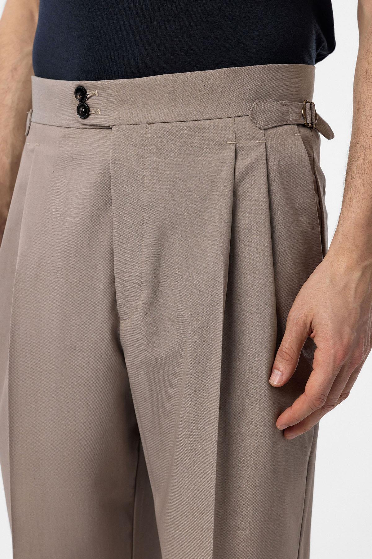 Antioch-Bej Yüksek Bel İtalyan Kalıp Pileli Erkek Pantolon-Kumaş Pantolon-3-Milagron.com