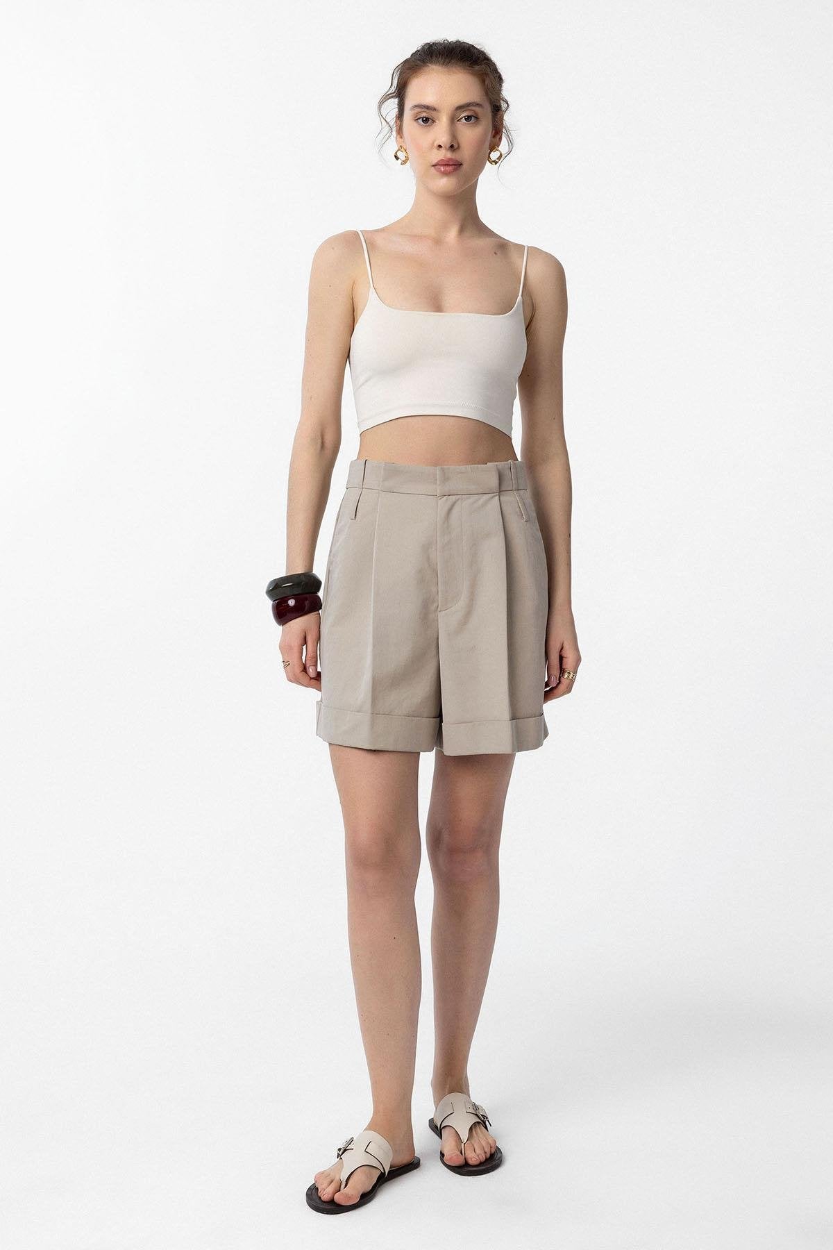 Antioch-Bej Yüksek Bel Pensli Kadın Bermuda Şort-Şort-3-Milagron.com