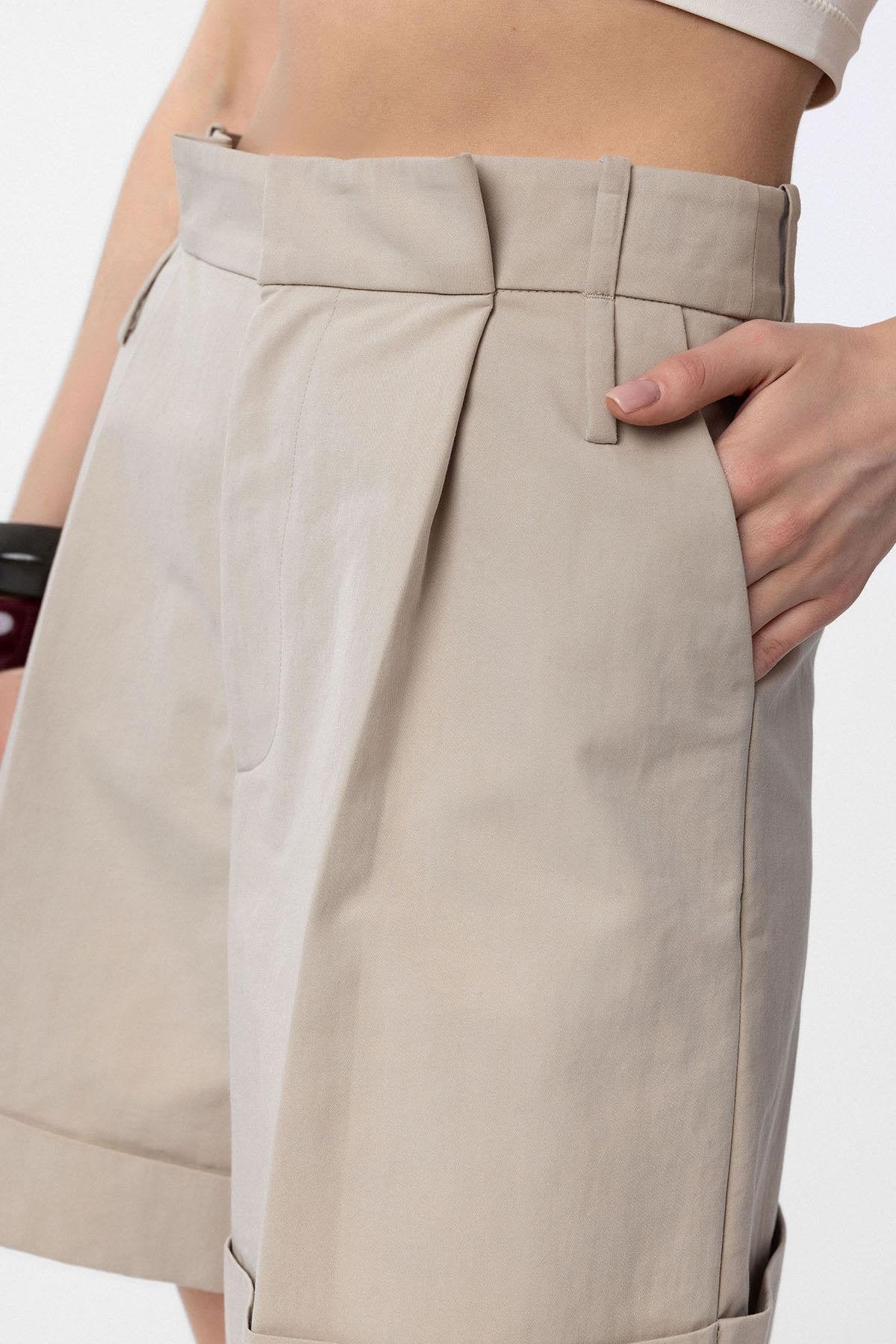 Antioch-Bej Yüksek Bel Pensli Kadın Bermuda Şort-Şort-4-Milagron.com