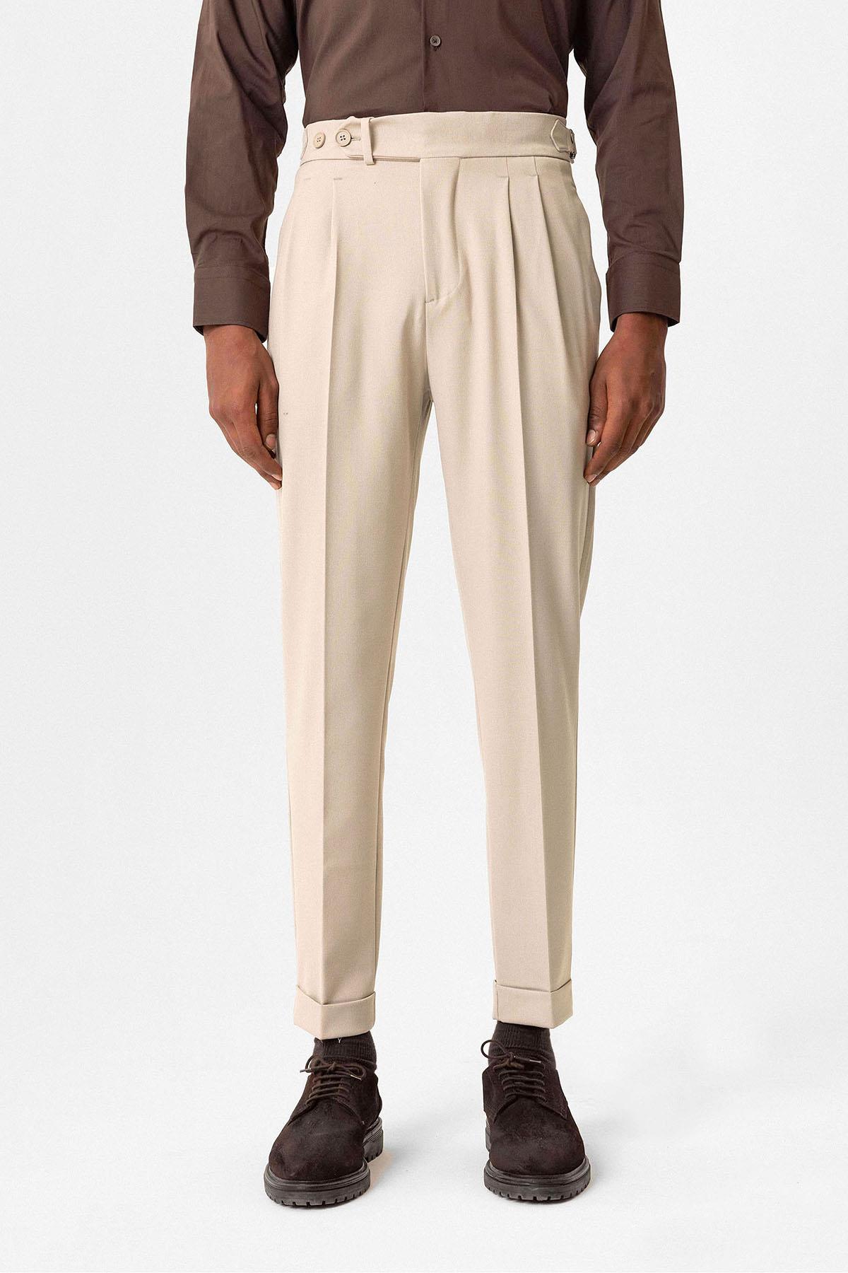 Antioch-Bej Yüksek Bel Pileli Carrot Fit Erkek Pantolon-Pantolon-1-Milagron.com