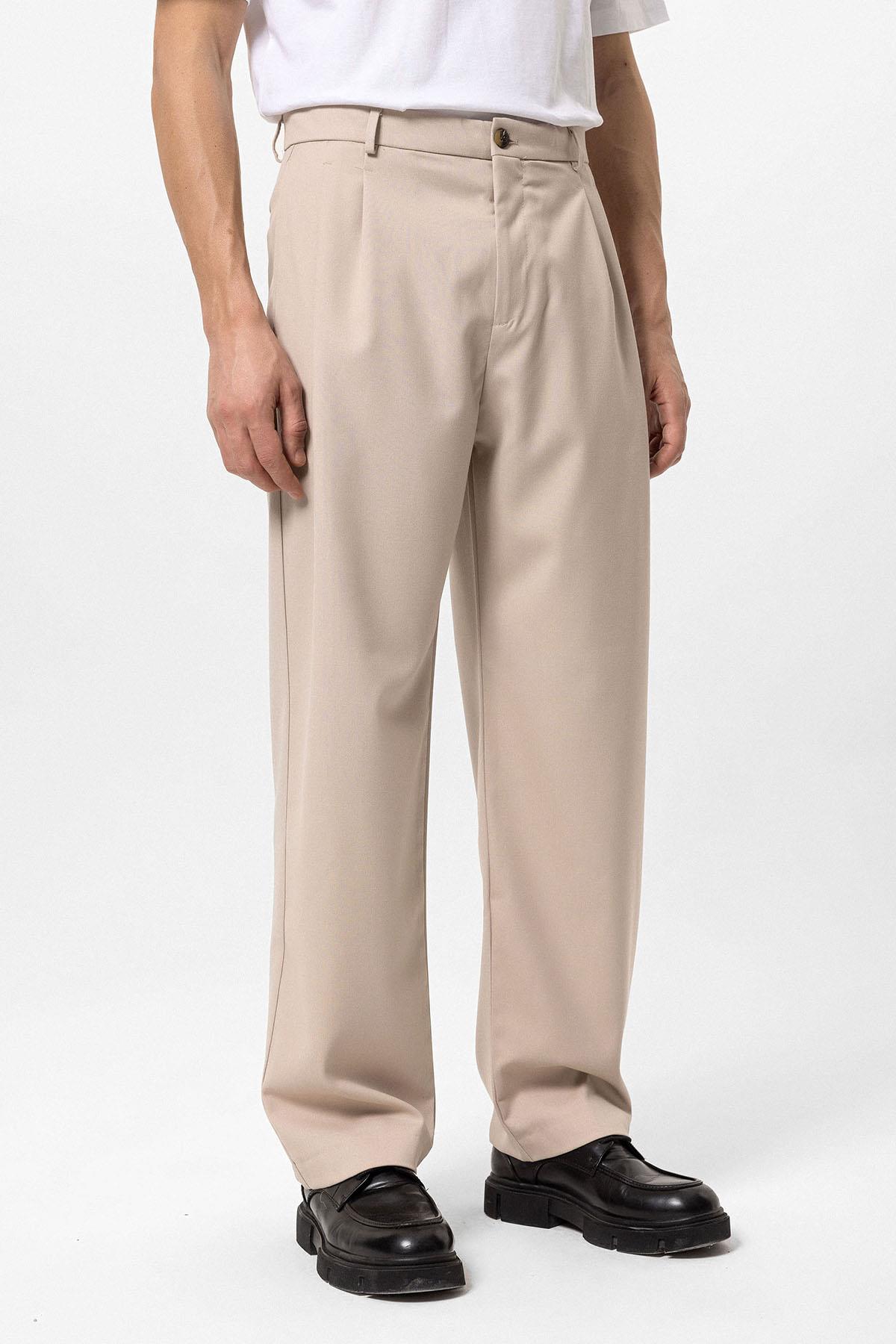 Antioch-Bej Yüksek Bel Pileli Rahat Kalıp Erkek Pantolon-Pantolon-1-Milagron.com