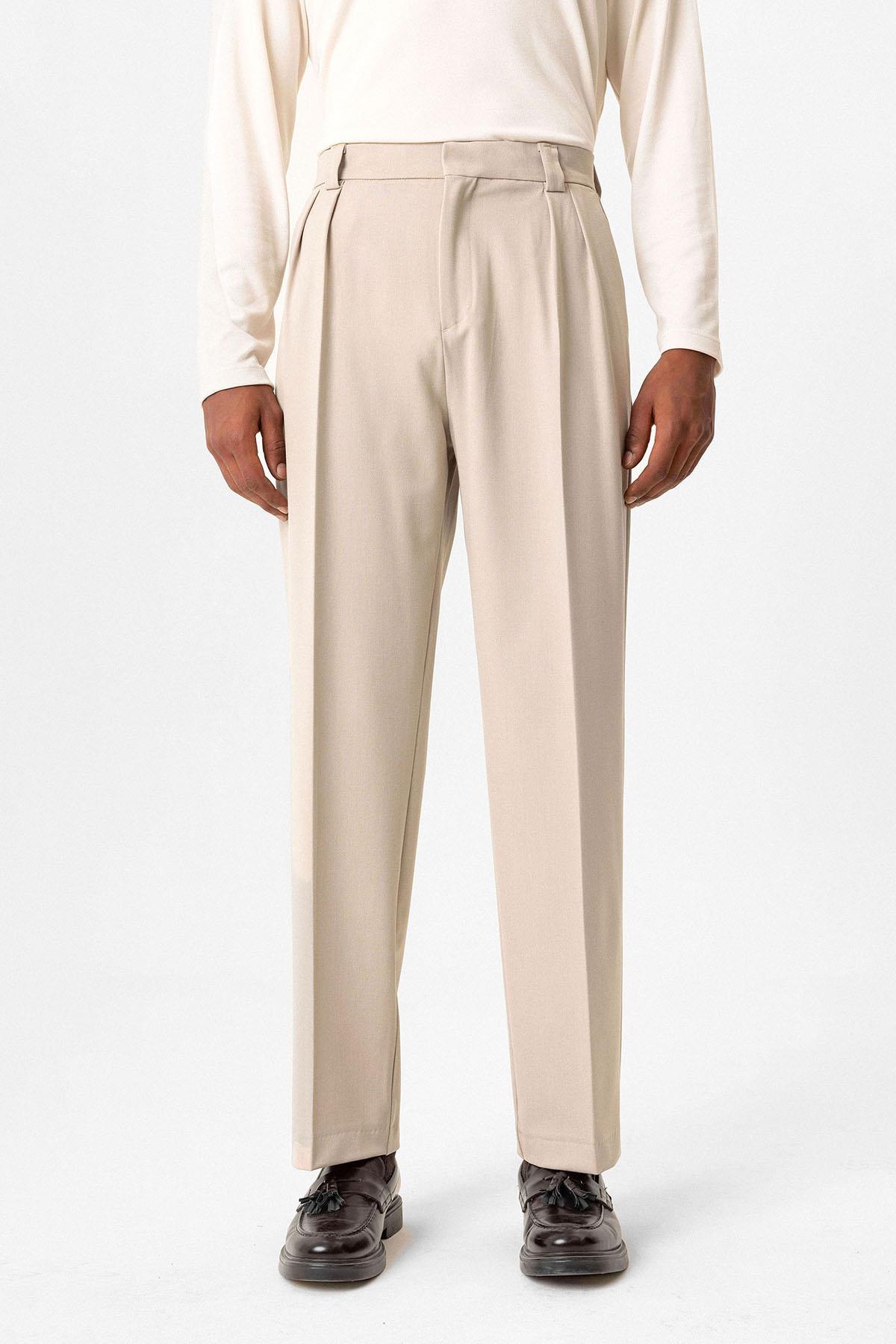 Antioch-Bej Yüksek Bel Pileli Relaxed Fit Baggy Erkek Pantolon-Kumaş Pantolon-2-Milagron.com