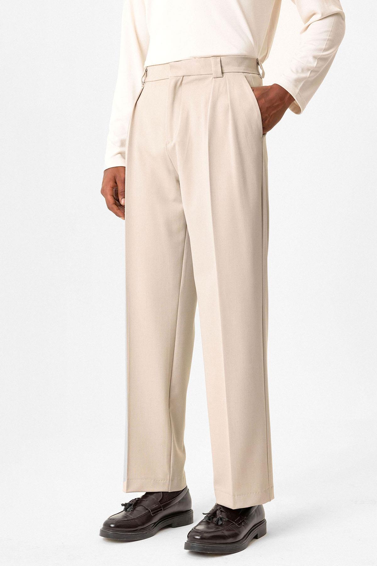 Antioch-Bej Yüksek Bel Pileli Relaxed Fit Baggy Erkek Pantolon-Kumaş Pantolon-3-Milagron.com