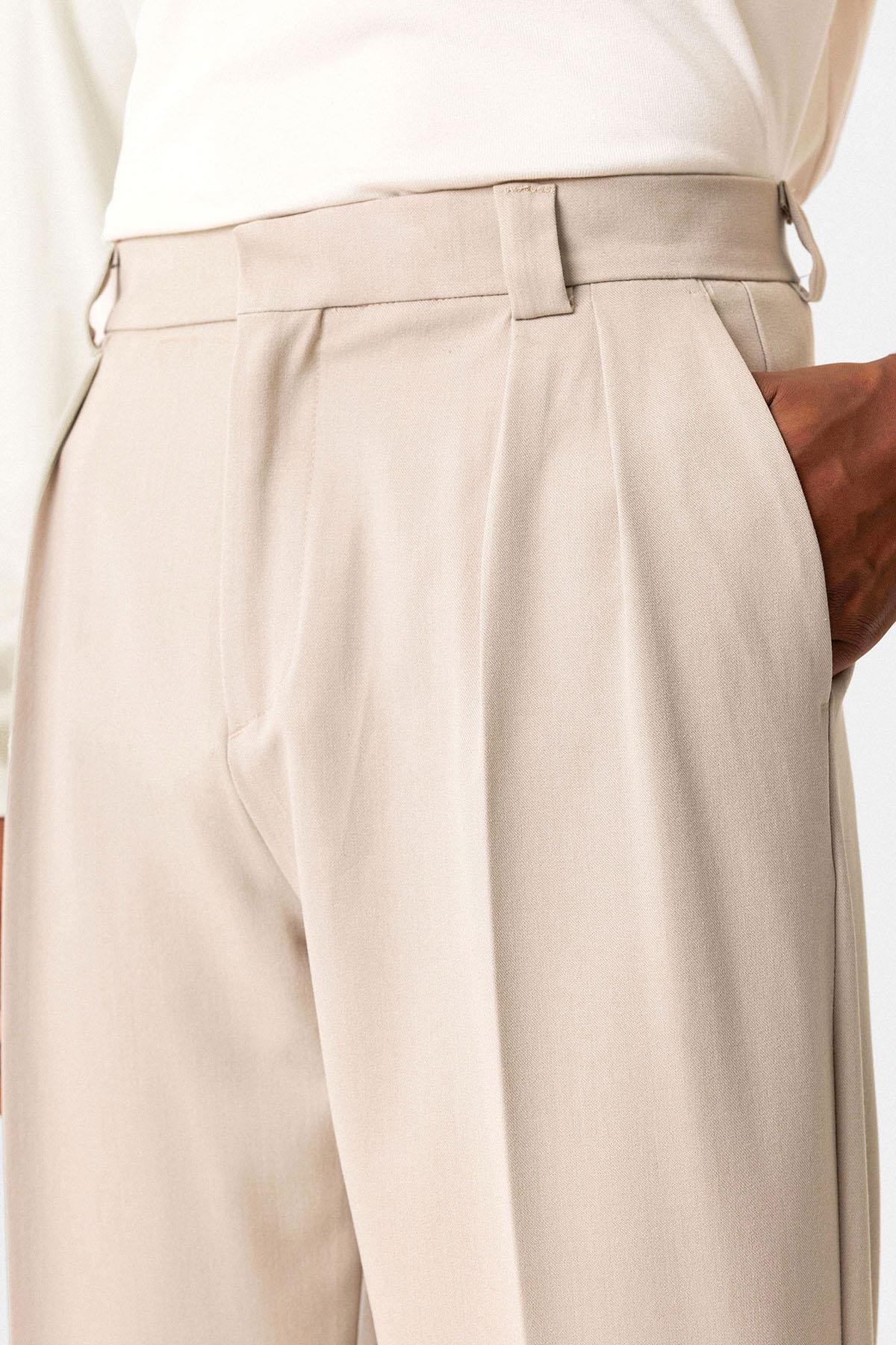 Antioch-Bej Yüksek Bel Pileli Relaxed Fit Baggy Erkek Pantolon-Kumaş Pantolon-4-Milagron.com