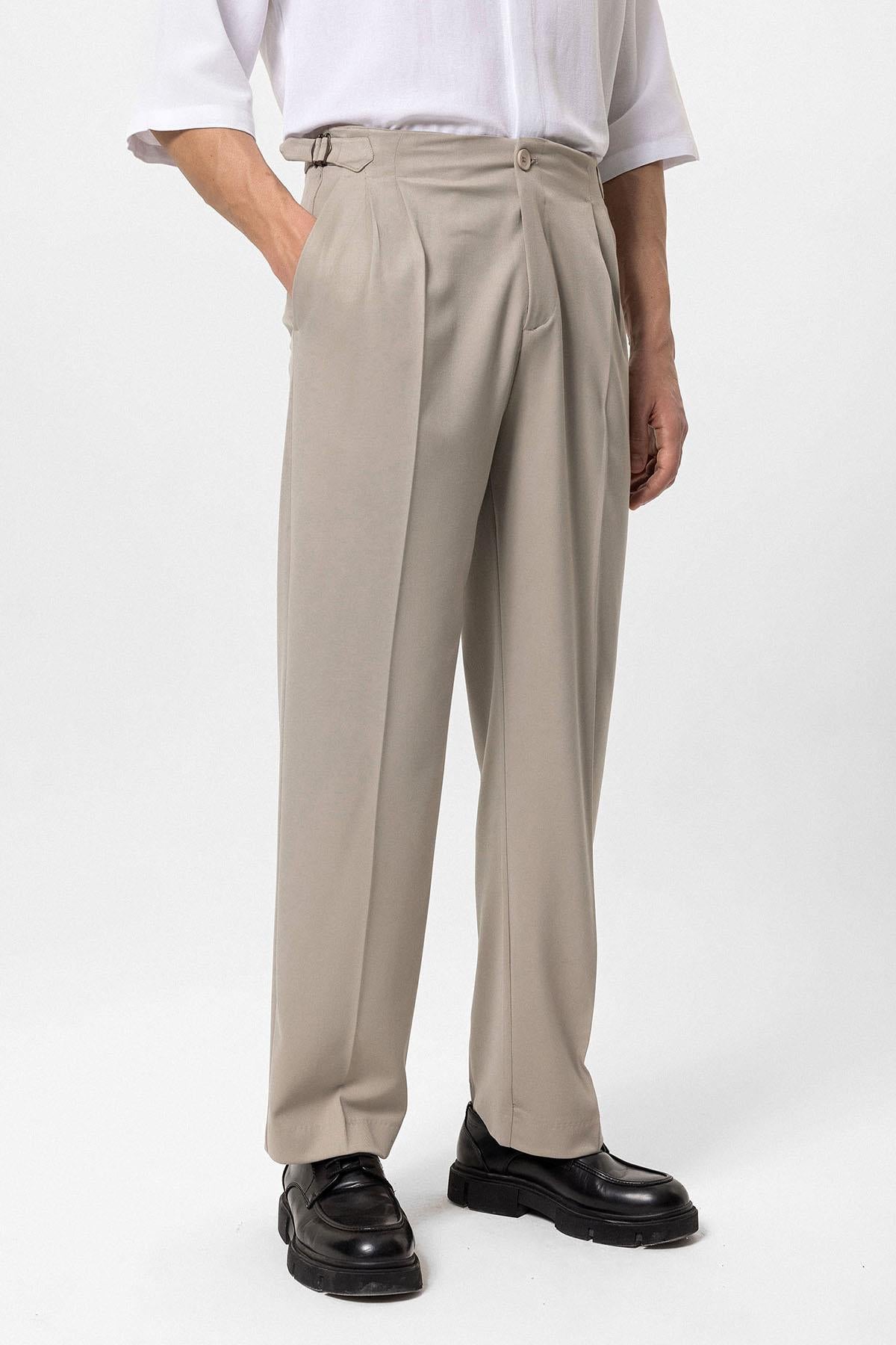 Antioch-Bej Yüksek Bel Toka Detaylı Rahat Kalıp Erkek Pantolon-Pantolon-1-Milagron.com