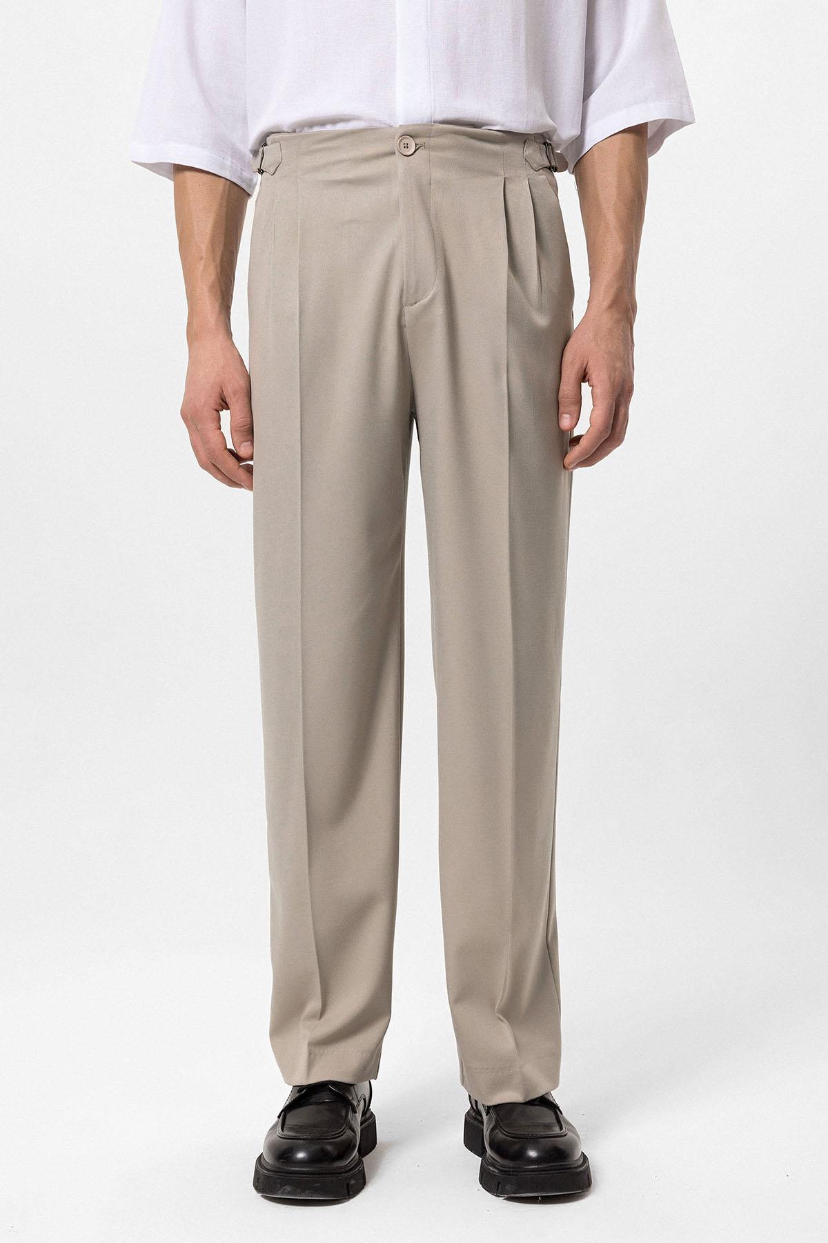 Antioch-Bej Yüksek Bel Toka Detaylı Rahat Kalıp Erkek Pantolon-Pantolon-2-Milagron.com