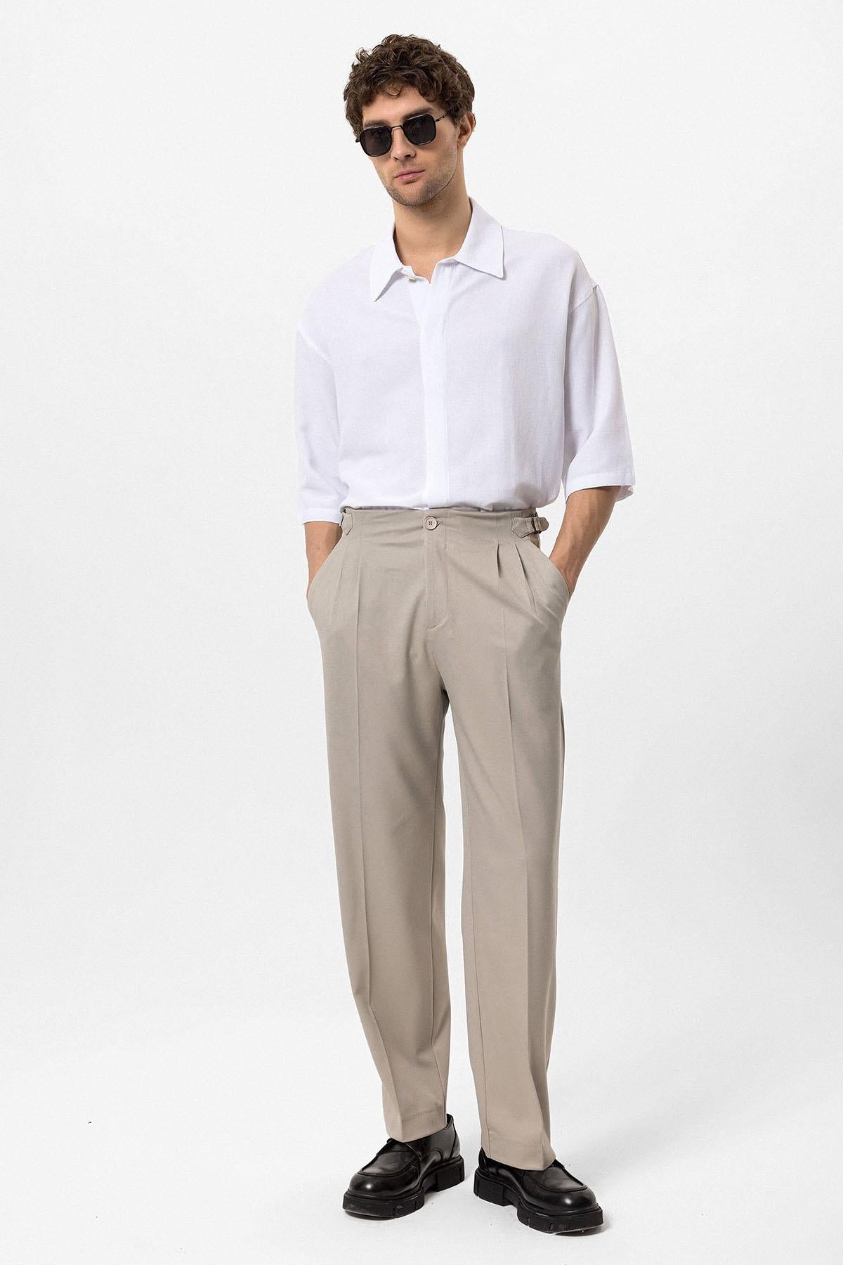 Antioch-Bej Yüksek Bel Toka Detaylı Rahat Kalıp Erkek Pantolon-Pantolon-3-Milagron.com