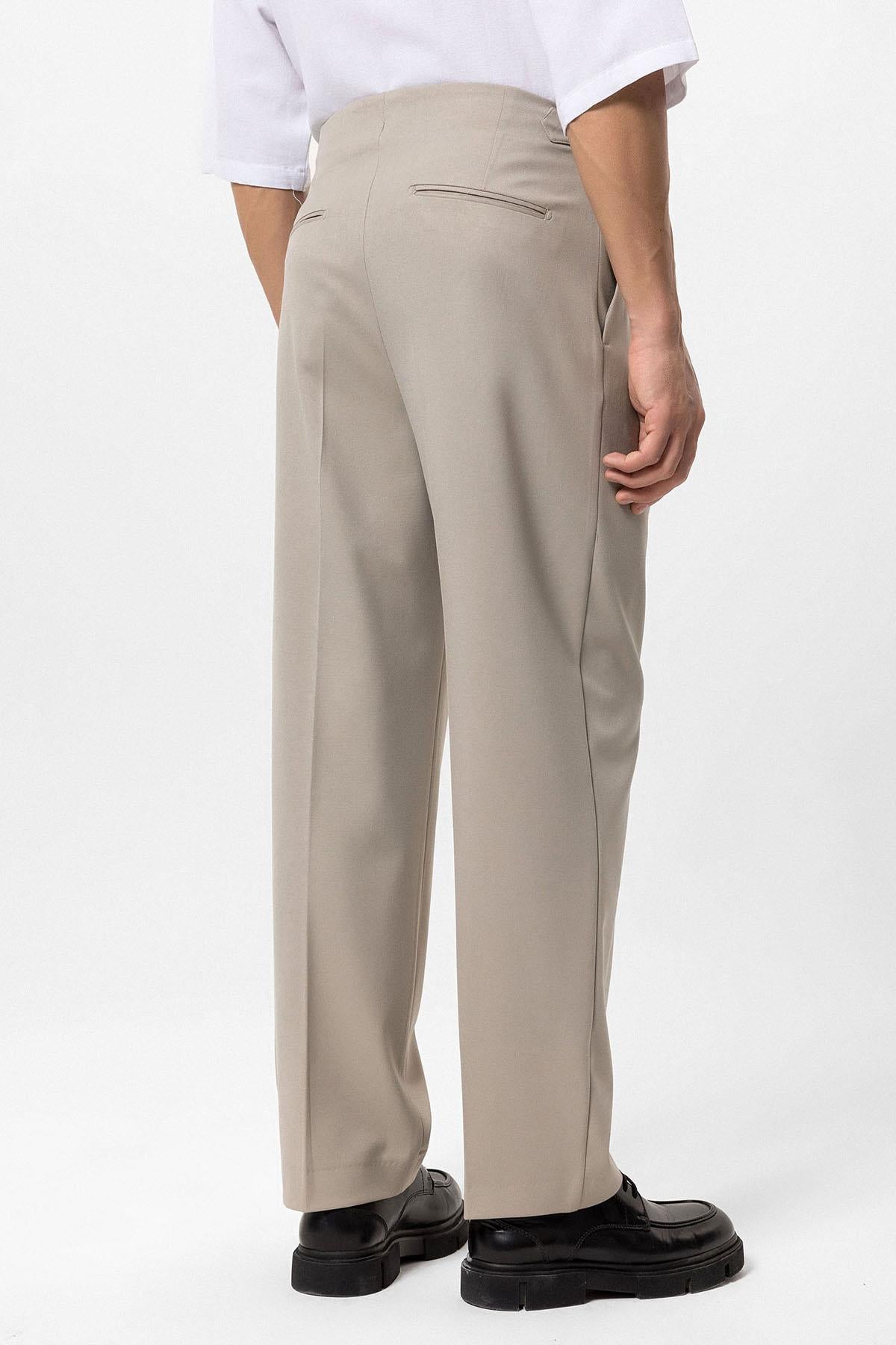 Antioch-Bej Yüksek Bel Toka Detaylı Rahat Kalıp Erkek Pantolon-Pantolon-5-Milagron.com