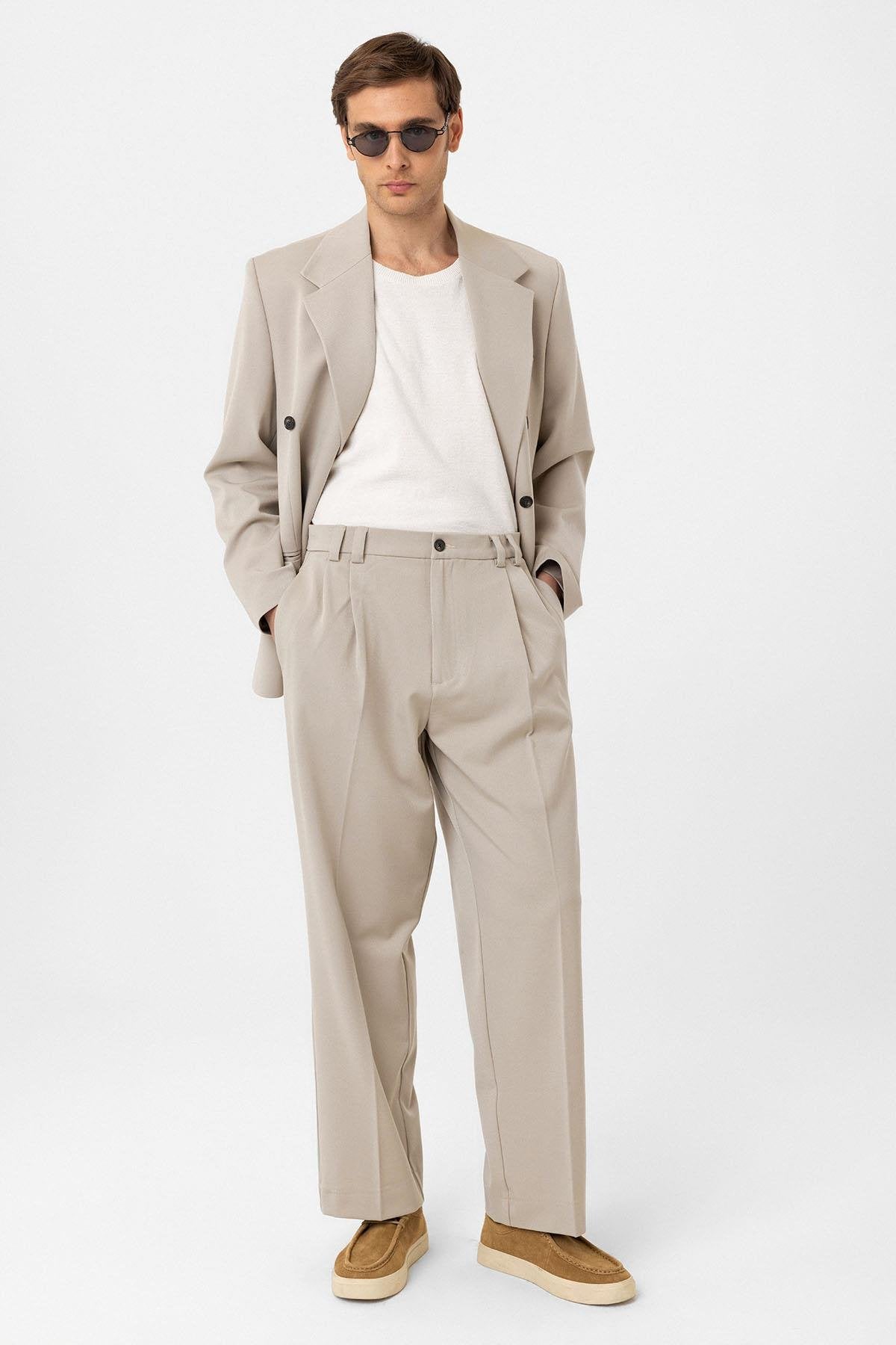 Antioch-Bej Yüksel Bel Relax Fit Pileli Erkek Pantolon-Kumaş Pantolon-2-Milagron.com