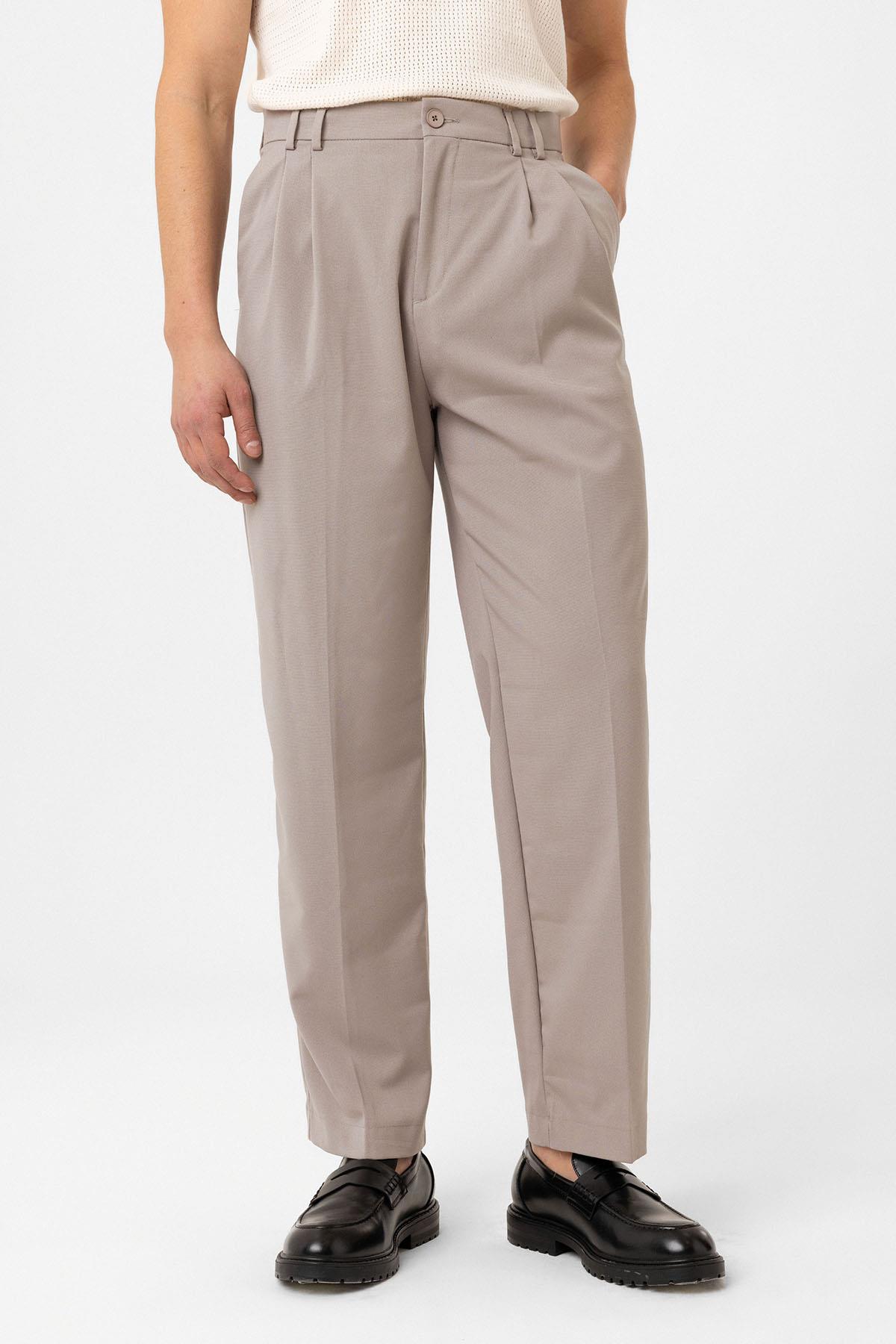 Antioch-Bej çift Pileli Baggy Fit Erkek Pantolon-Kumaş Pantolon-1-Milagron.com