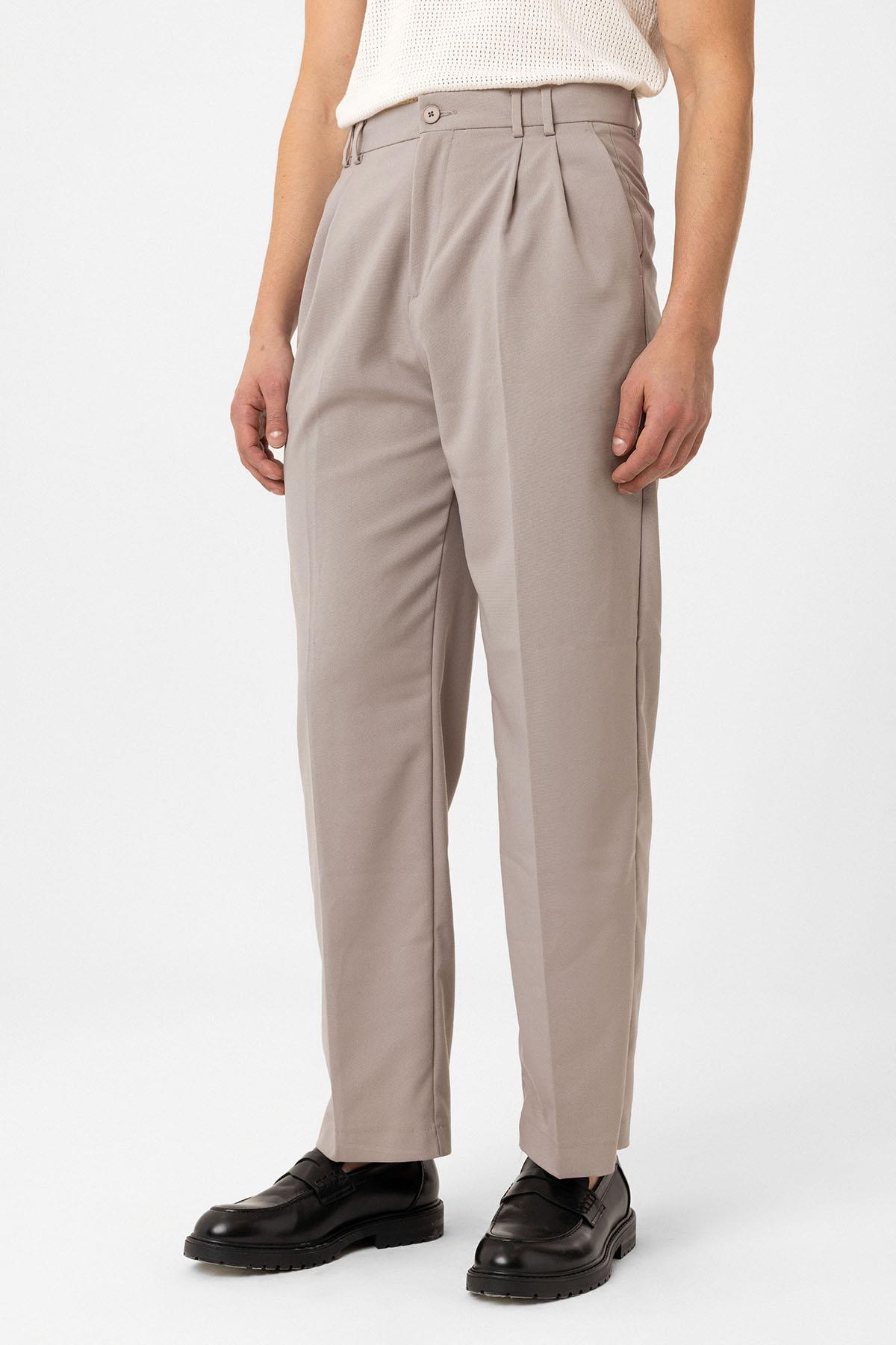 Antioch-Bej çift Pileli Baggy Fit Erkek Pantolon-Kumaş Pantolon-2-Milagron.com