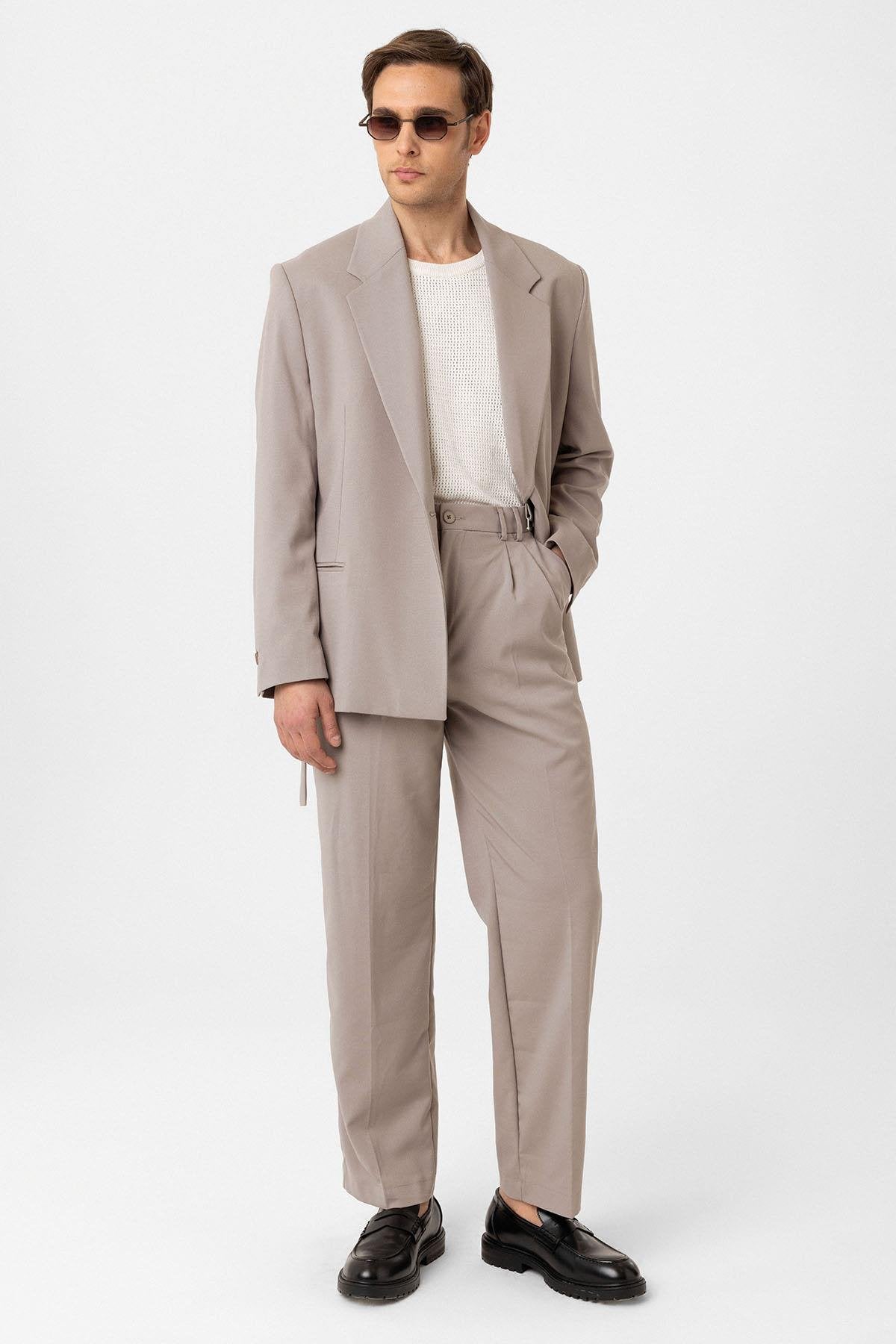 Antioch-Bej çift Pileli Baggy Fit Erkek Pantolon-Kumaş Pantolon-3-Milagron.com